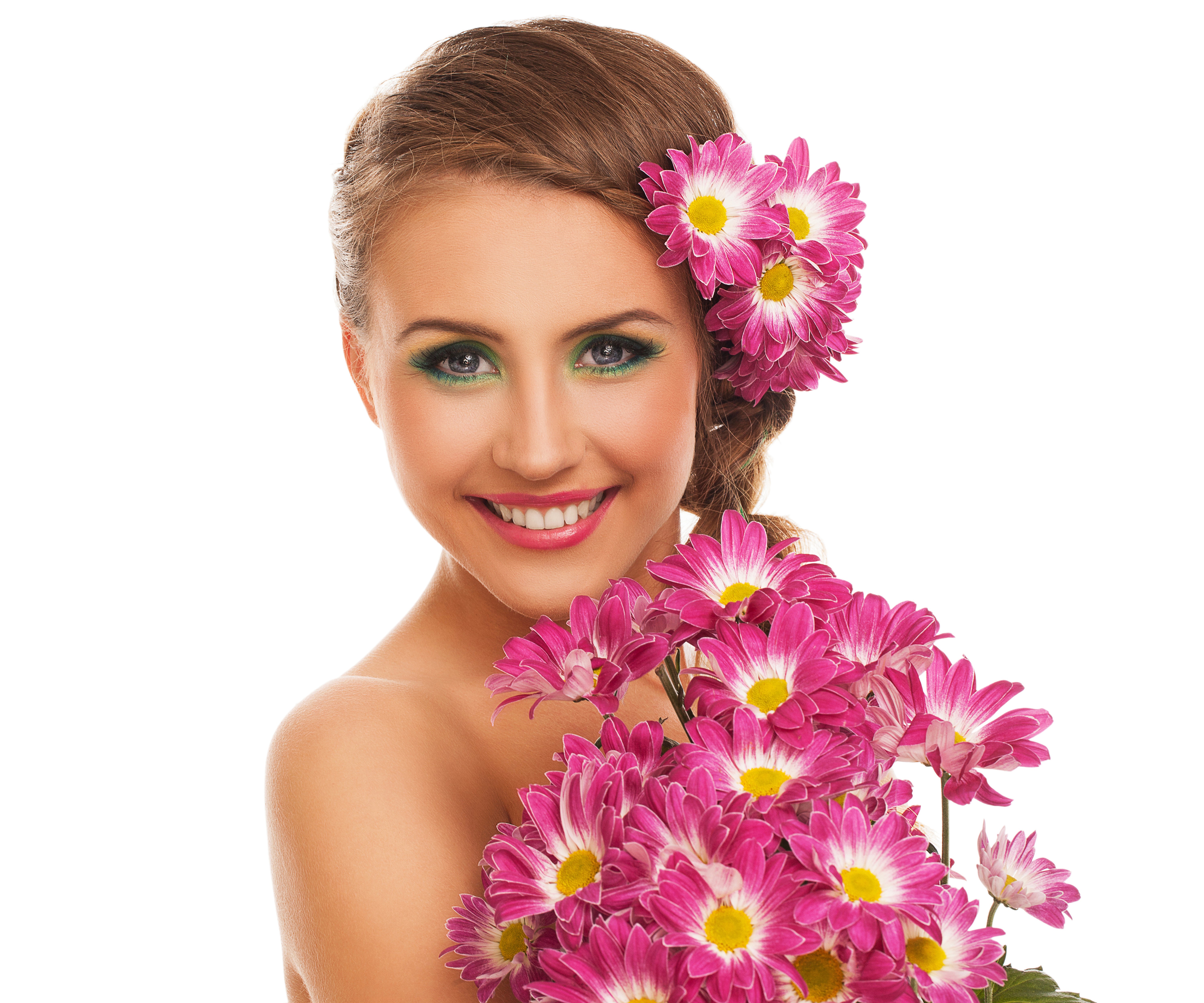 Woman with Chrysanthemums and Green Makeup HD Wallpaper