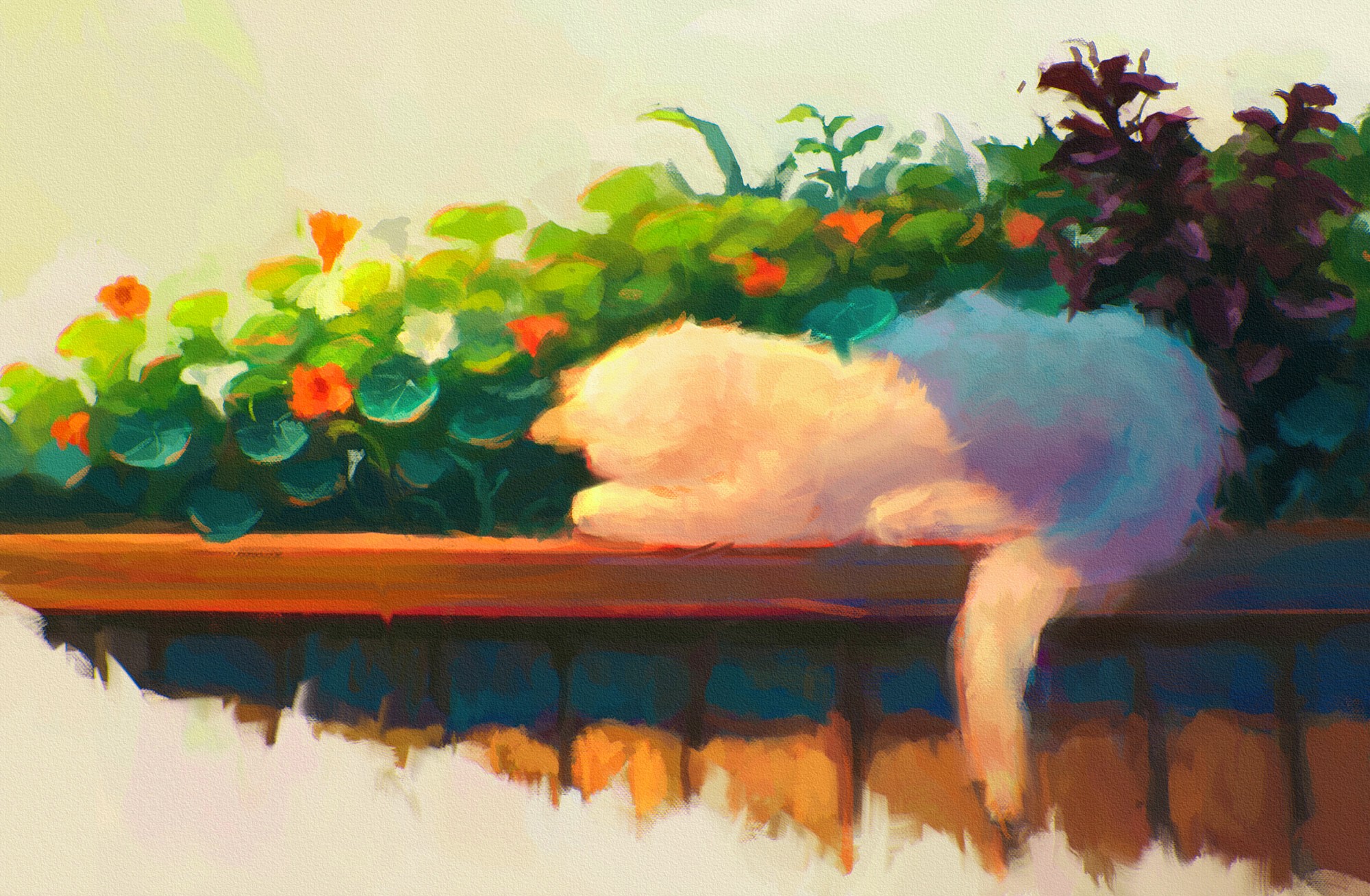 Painting of a cat sleeping on a windowsill with flowers HD Wallpaper
