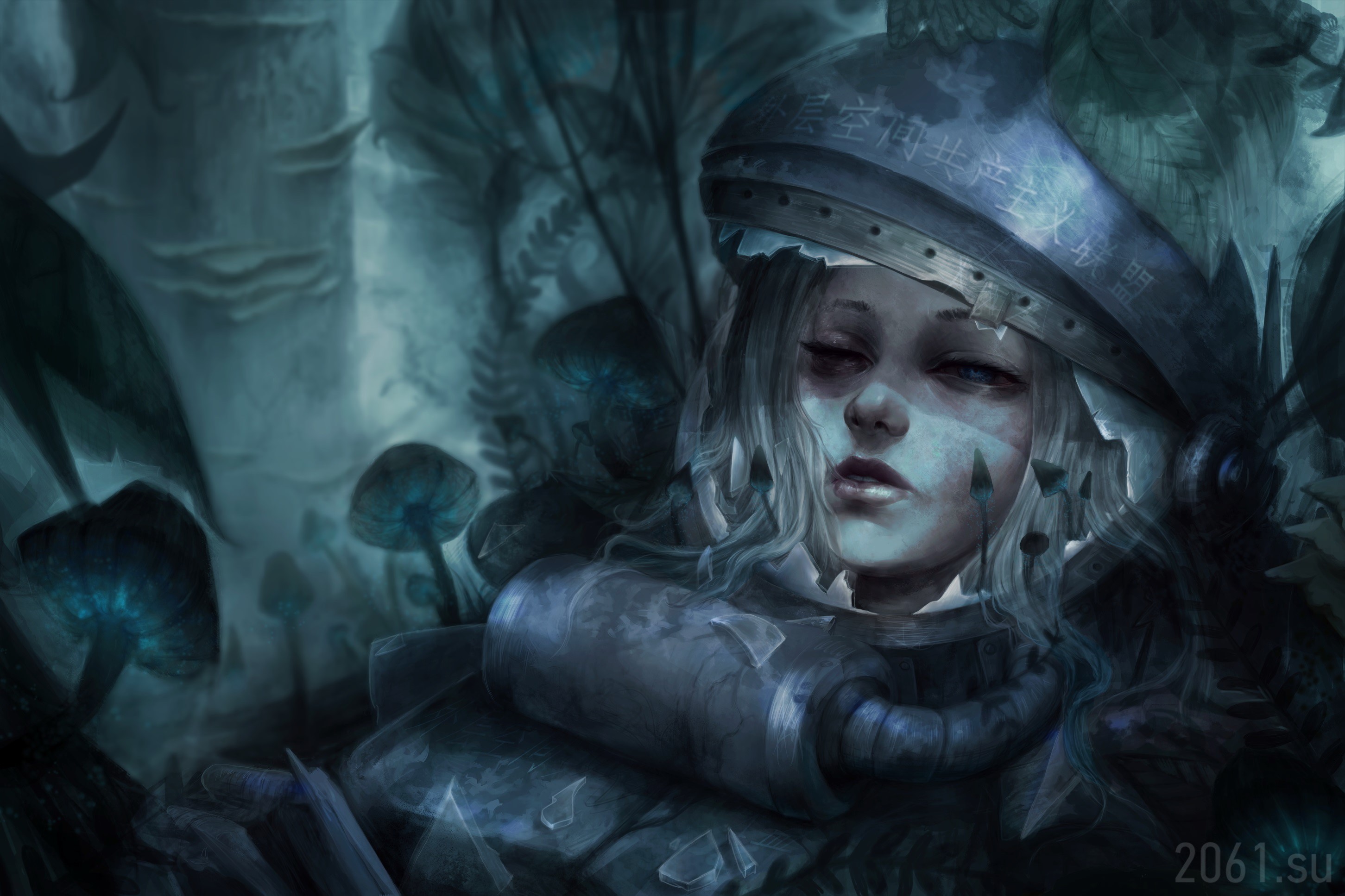 Girl in broken helmet in a dark forest with glowing mushrooms HD Wallpaper
