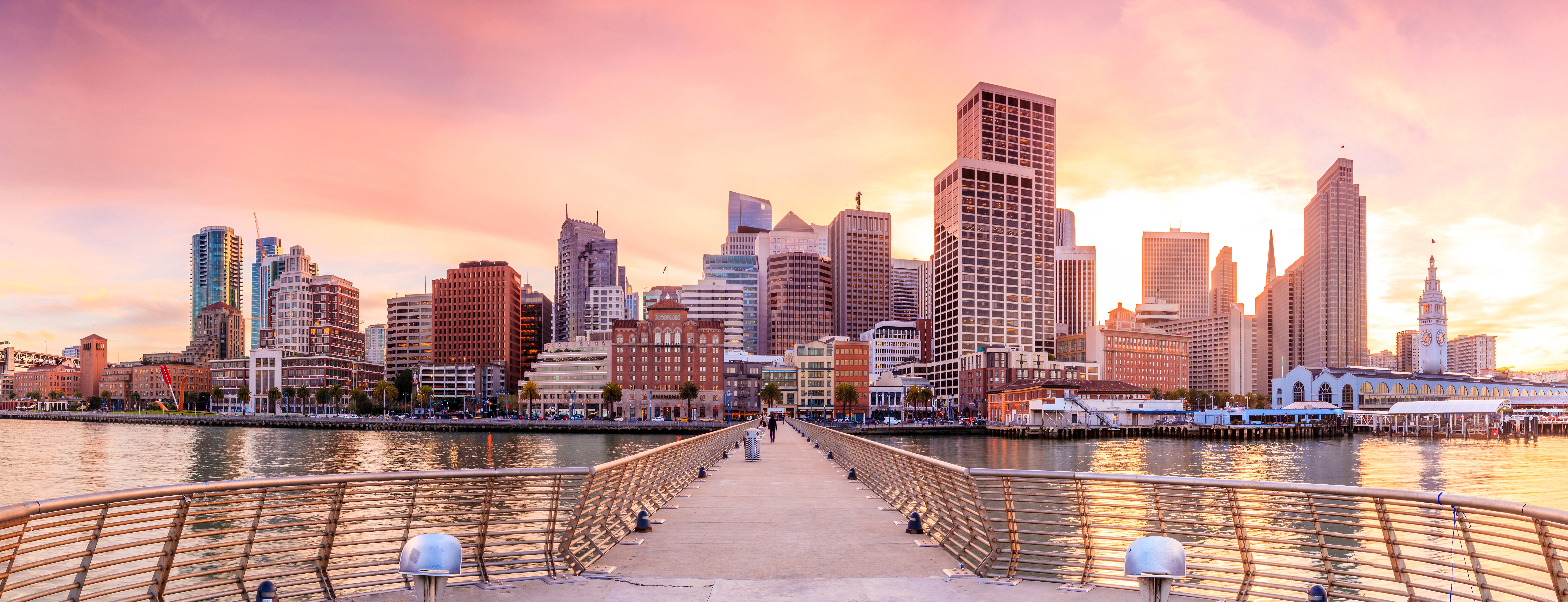 San Francisco skyline at sunset with pier HD Wallpaper
