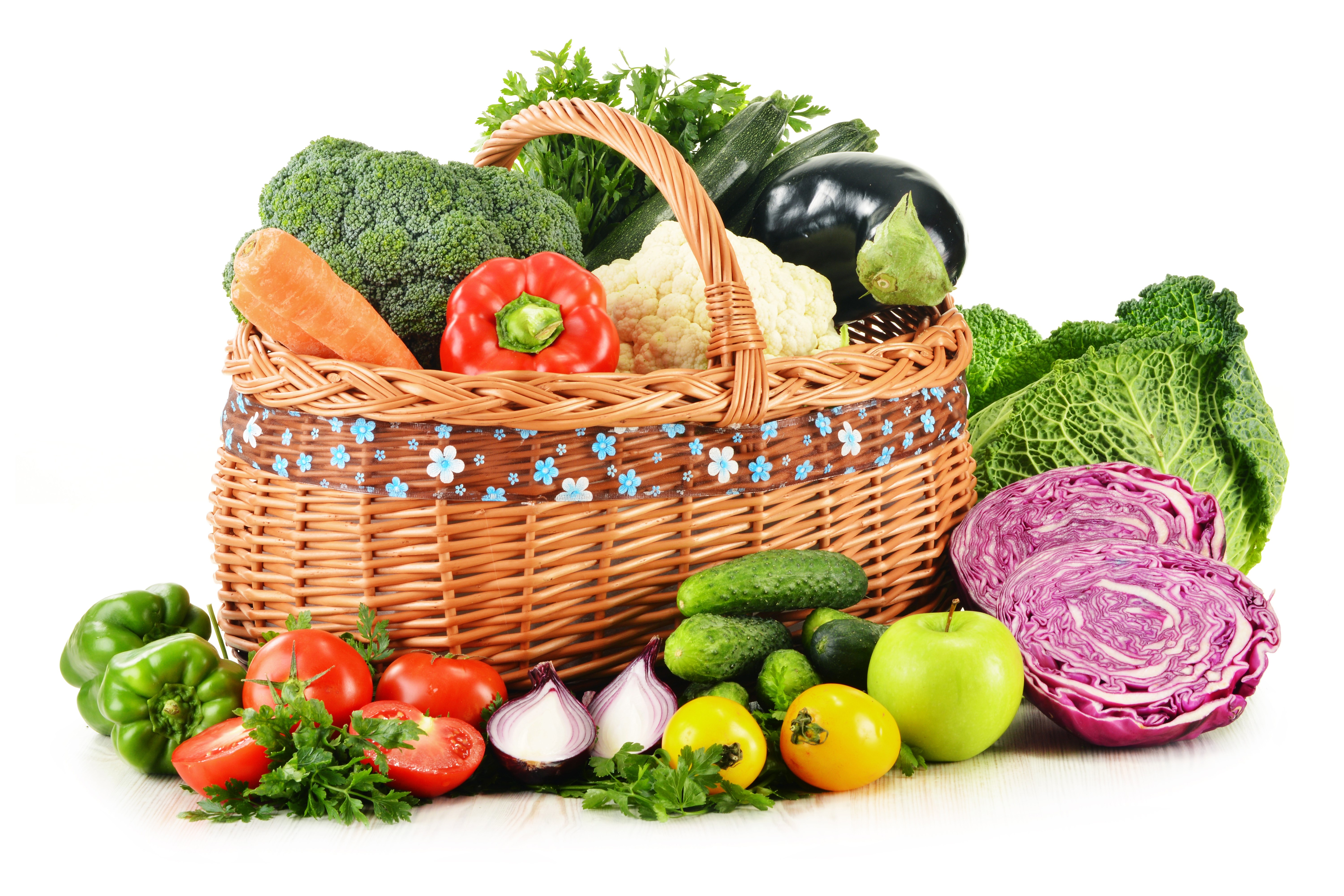 Vegetables in a wicker basket with white background HD Wallpaper