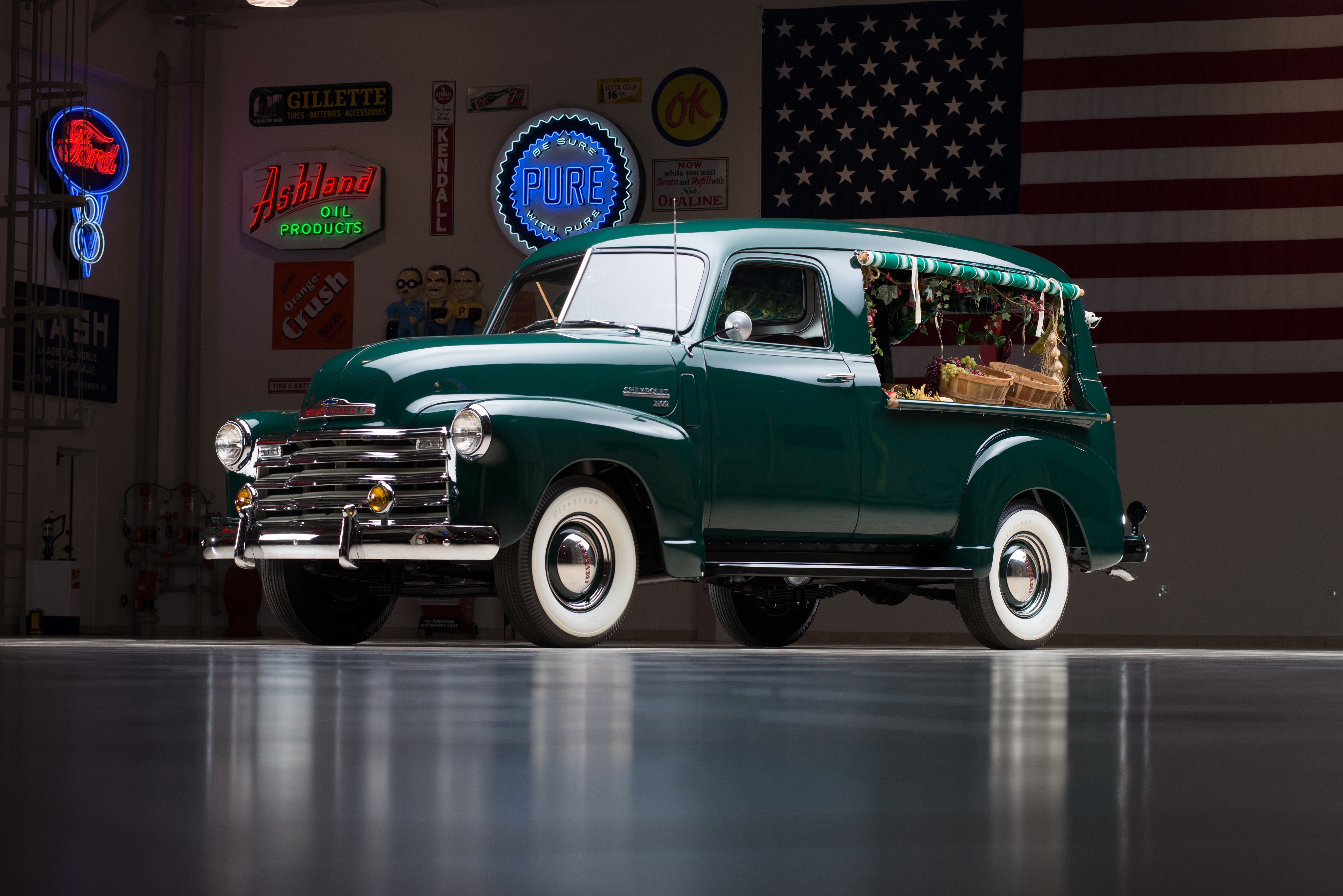 Green Chevrolet 3100 Canopy Express Truck with American Flag HD Wallpaper
