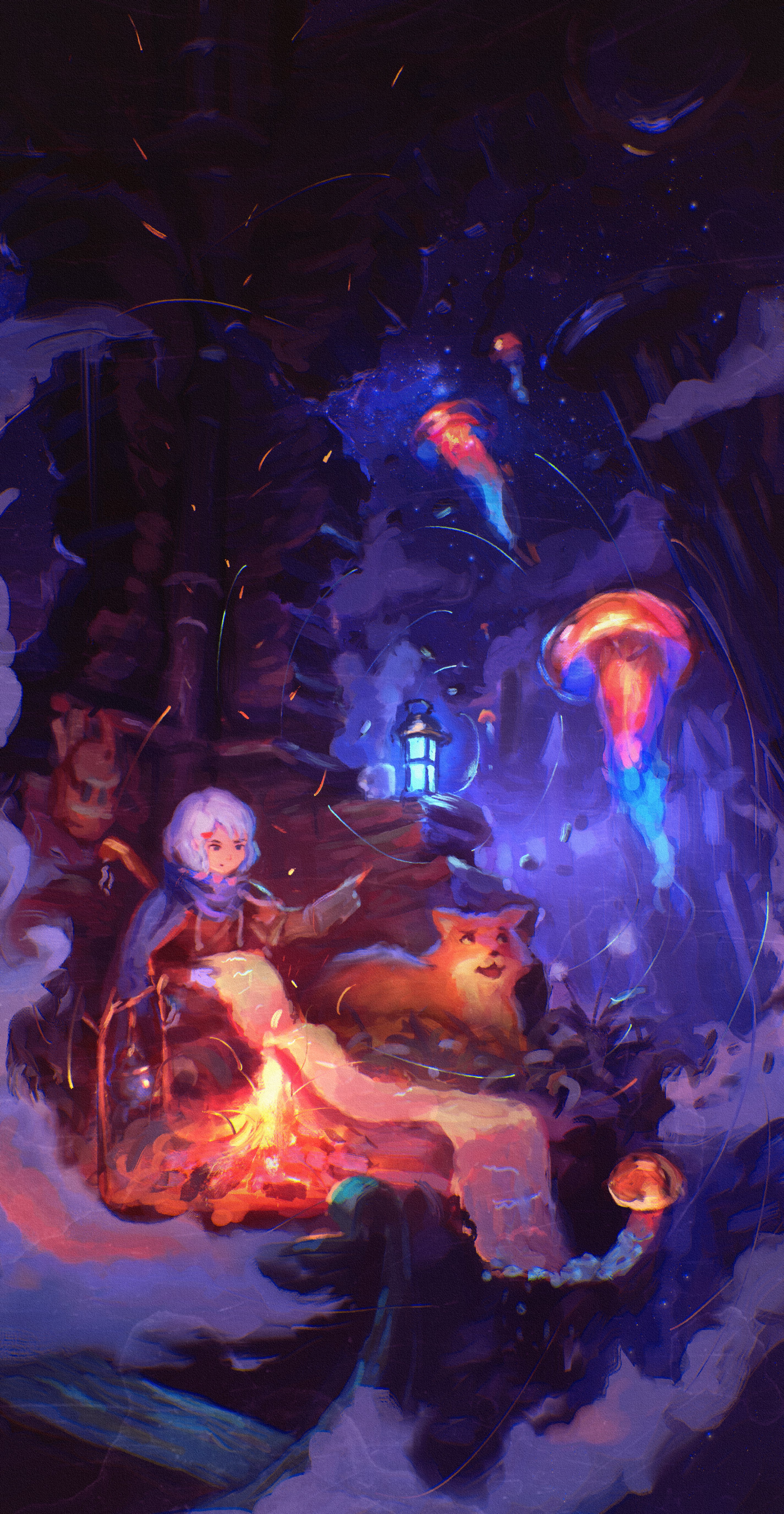 Girl and fox by campfire with glowing jellyfish HD Phone Wallpaper