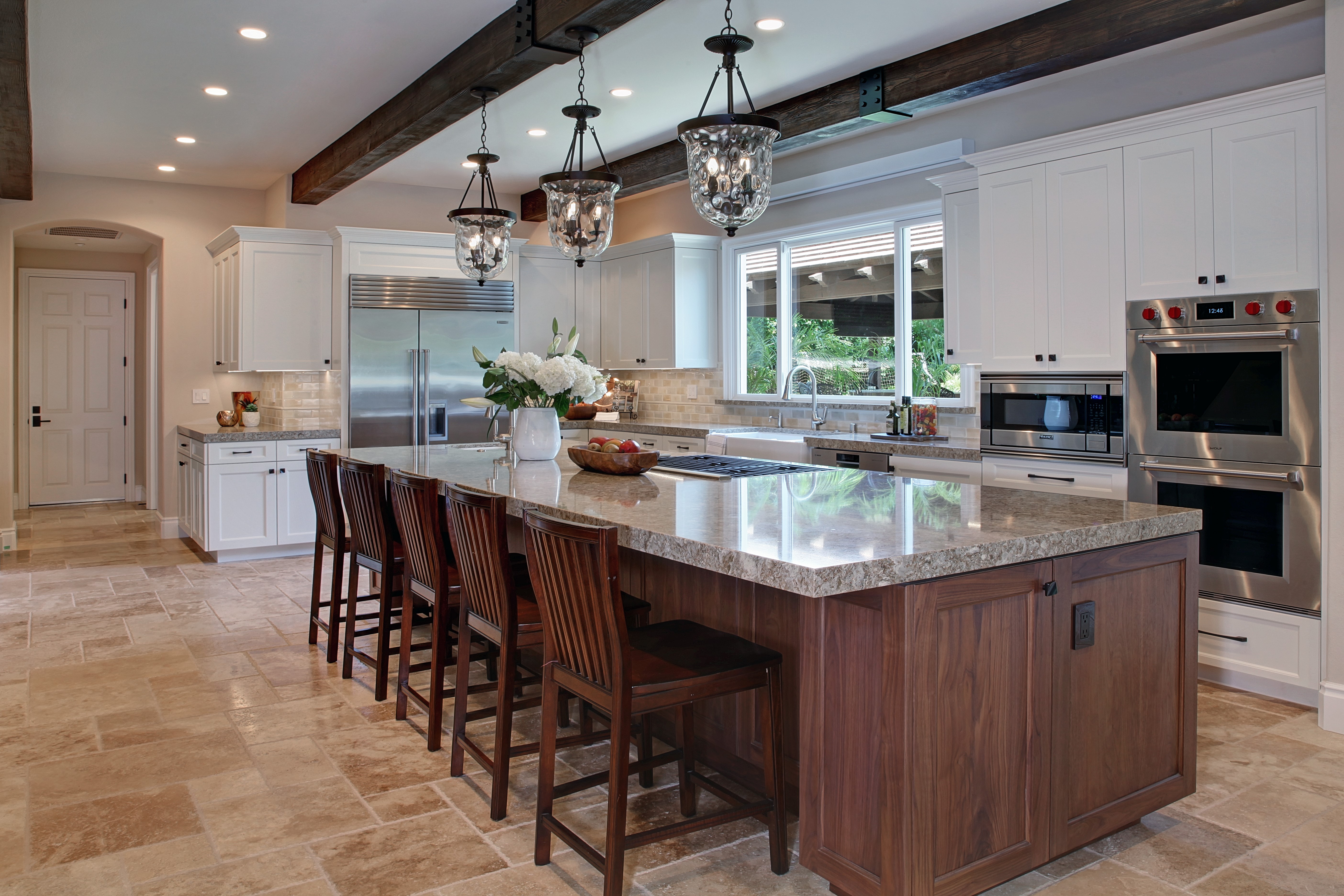 Kitchen with Island, Appliances, and Pendant Lights HD Wallpaper