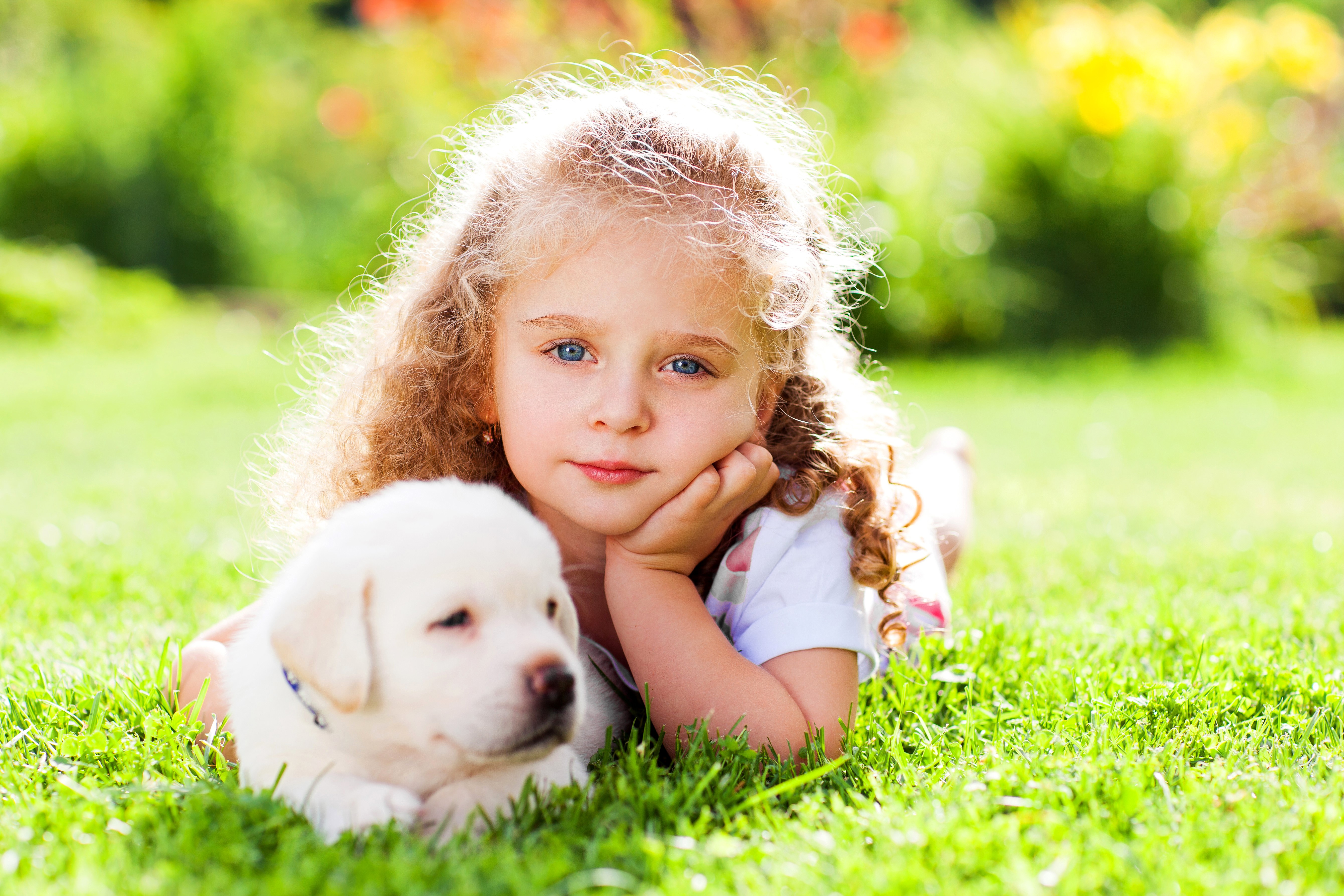 Little Girl and Puppy on Grass HD Wallpaper
