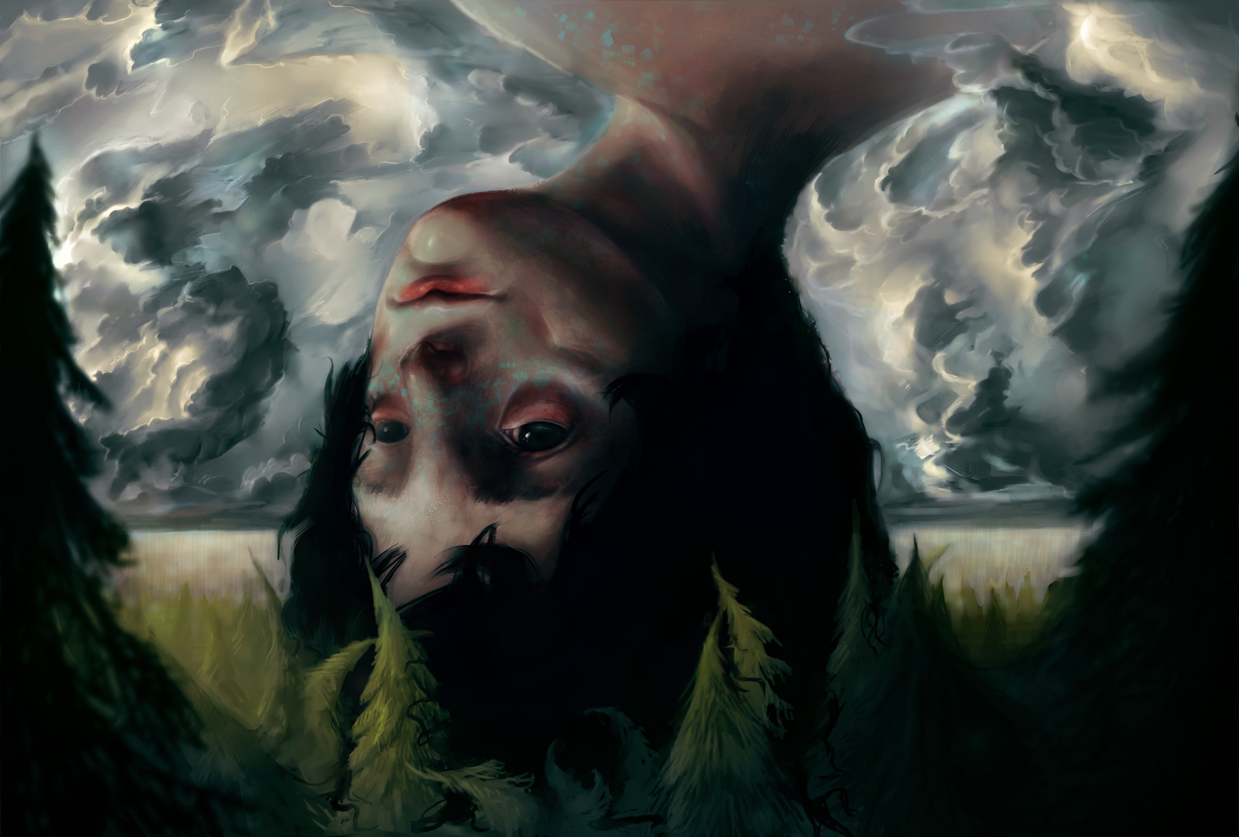 Upside down face in stormy sky and forest HD Wallpaper