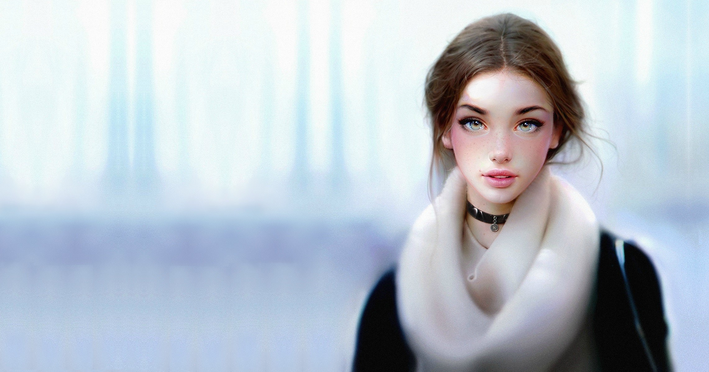 Beautiful brown-haired woman with a choker HD Wallpaper