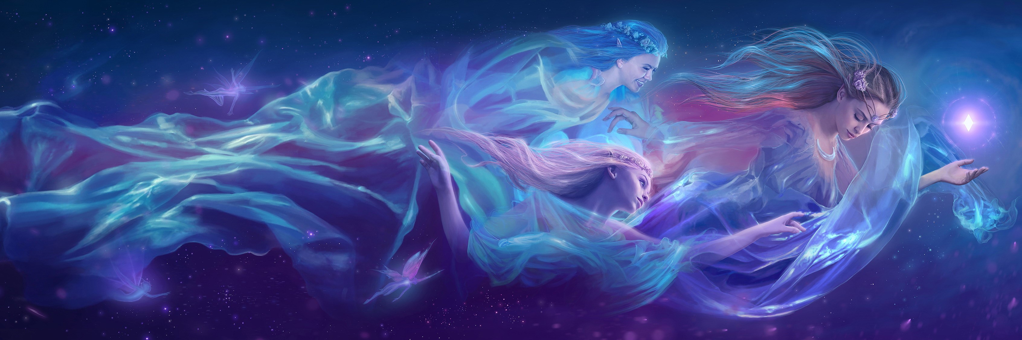 Three ethereal beings in a starry nebula HD Wallpaper