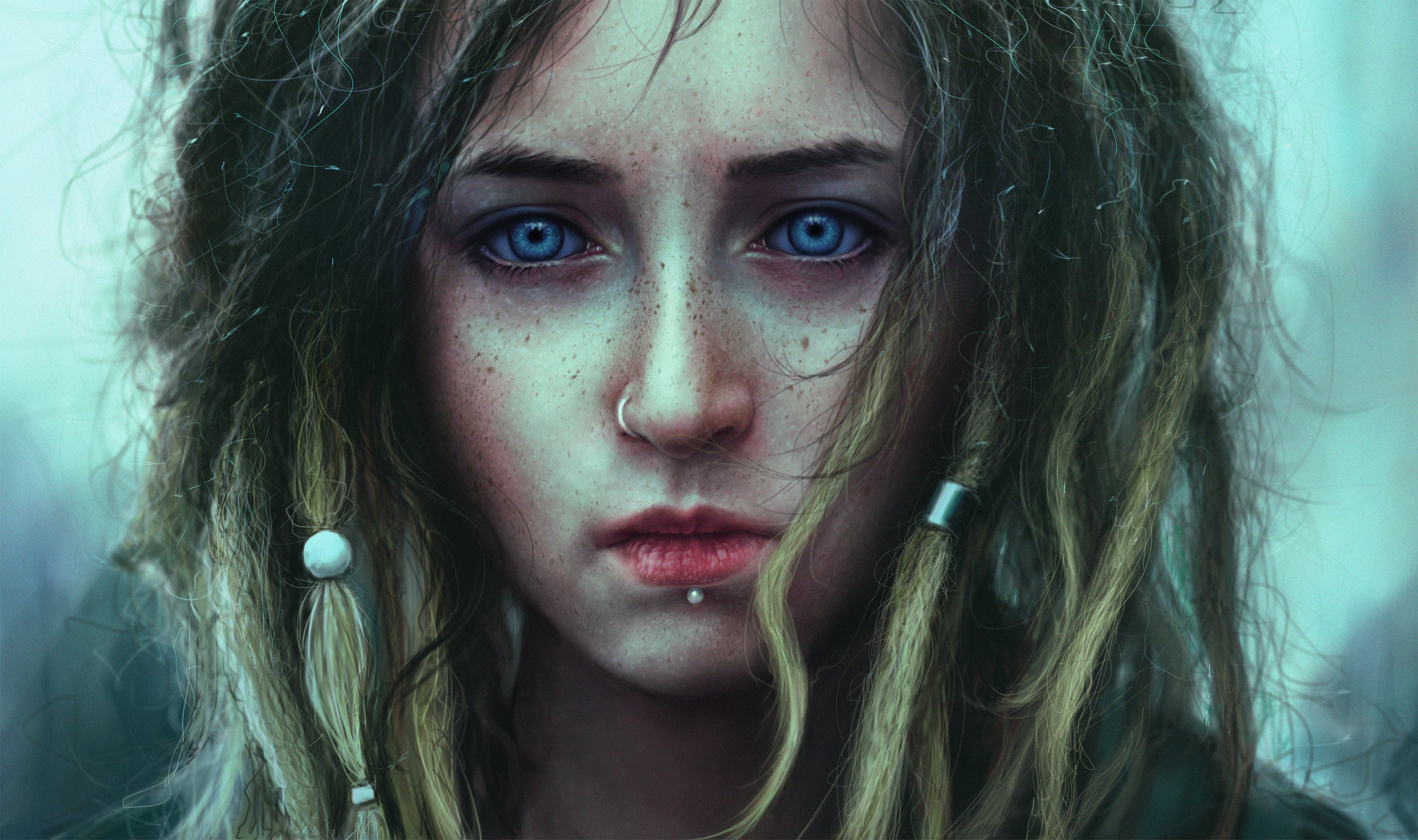 Painting of a young woman with blue eyes and dreadlocks HD Wallpaper