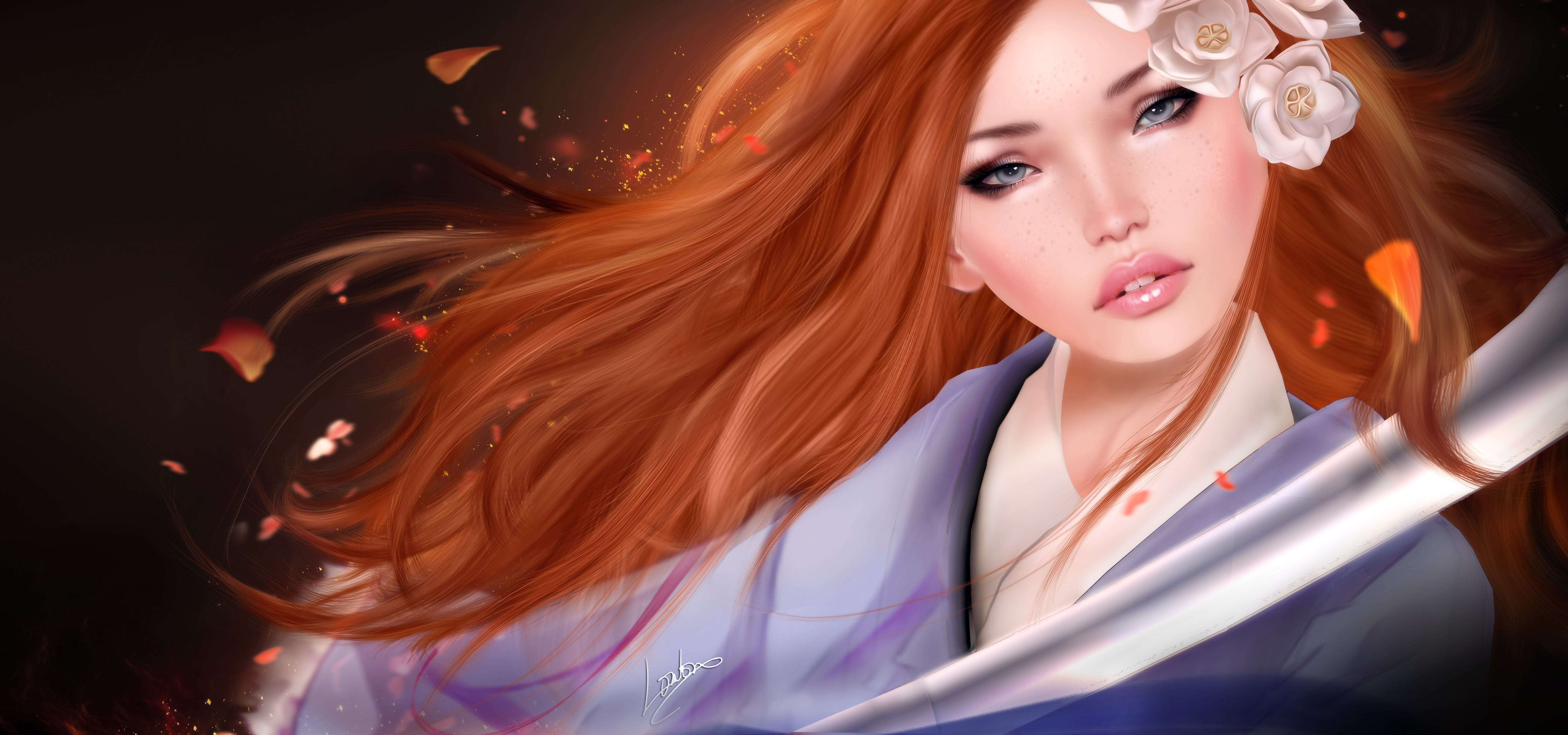 Redhead girl with sword and kimono HD Wallpaper
