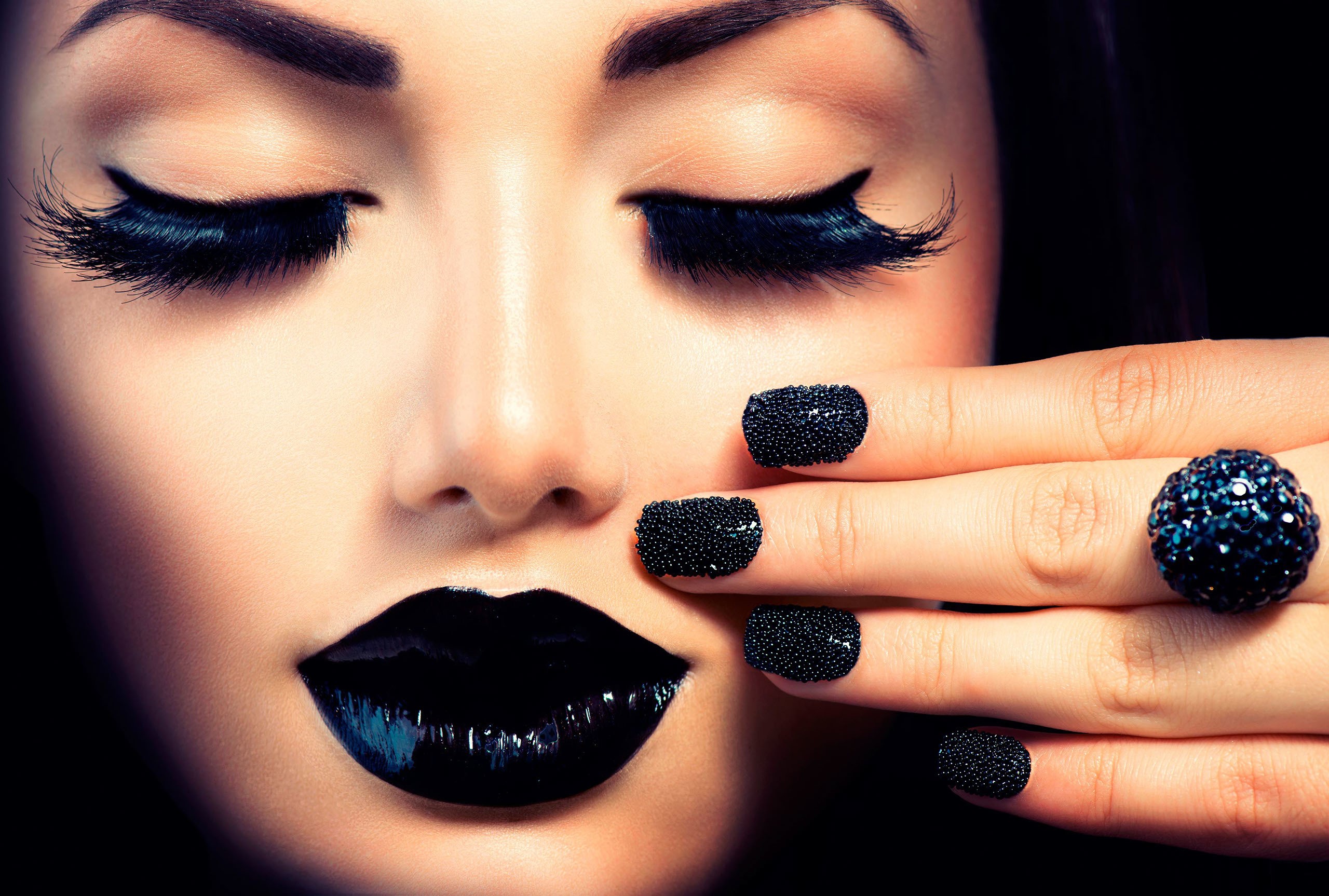 Woman with black lipstick, eyelashes, and nails HD Wallpaper