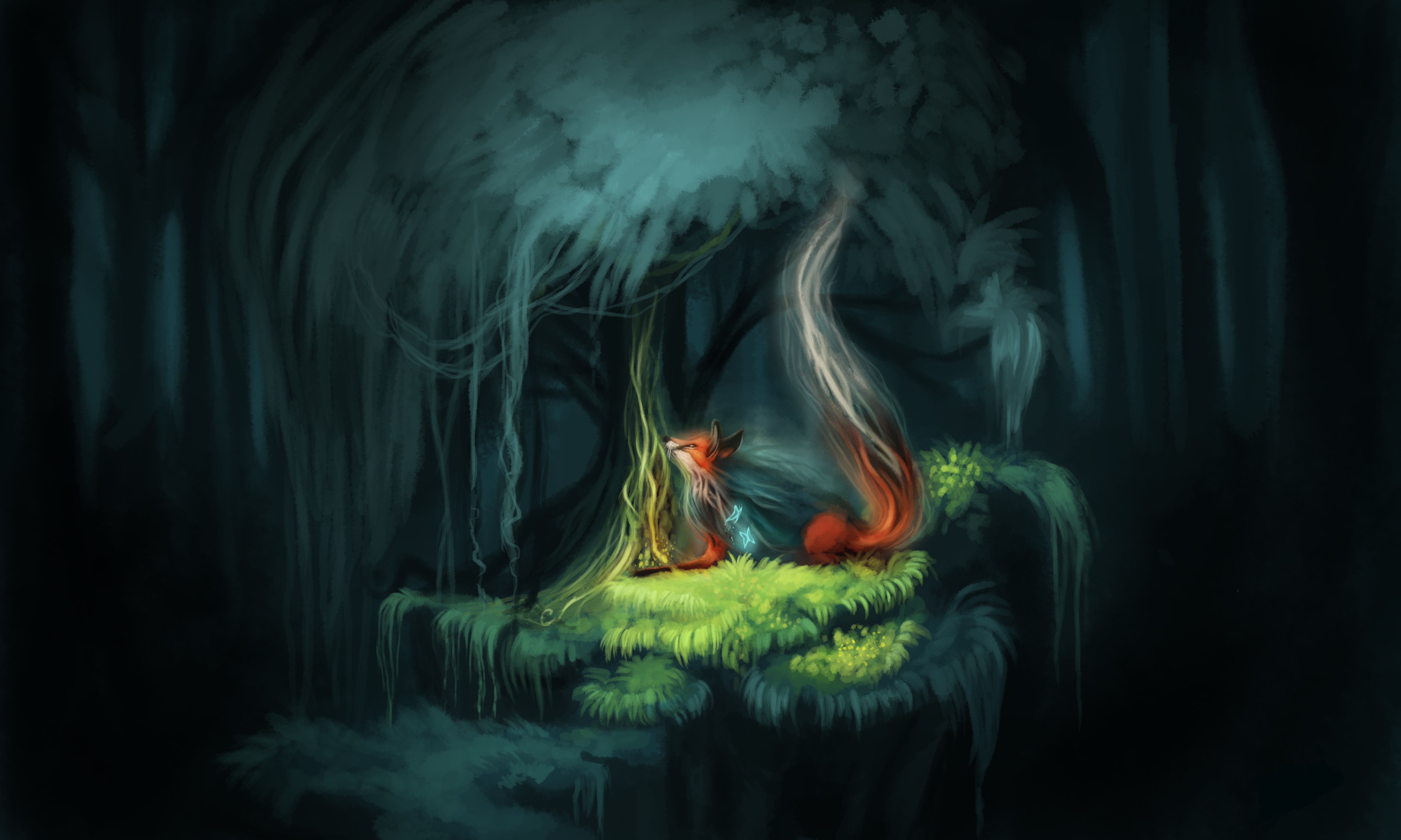 Foxes in a magical forest at night HD Wallpaper
