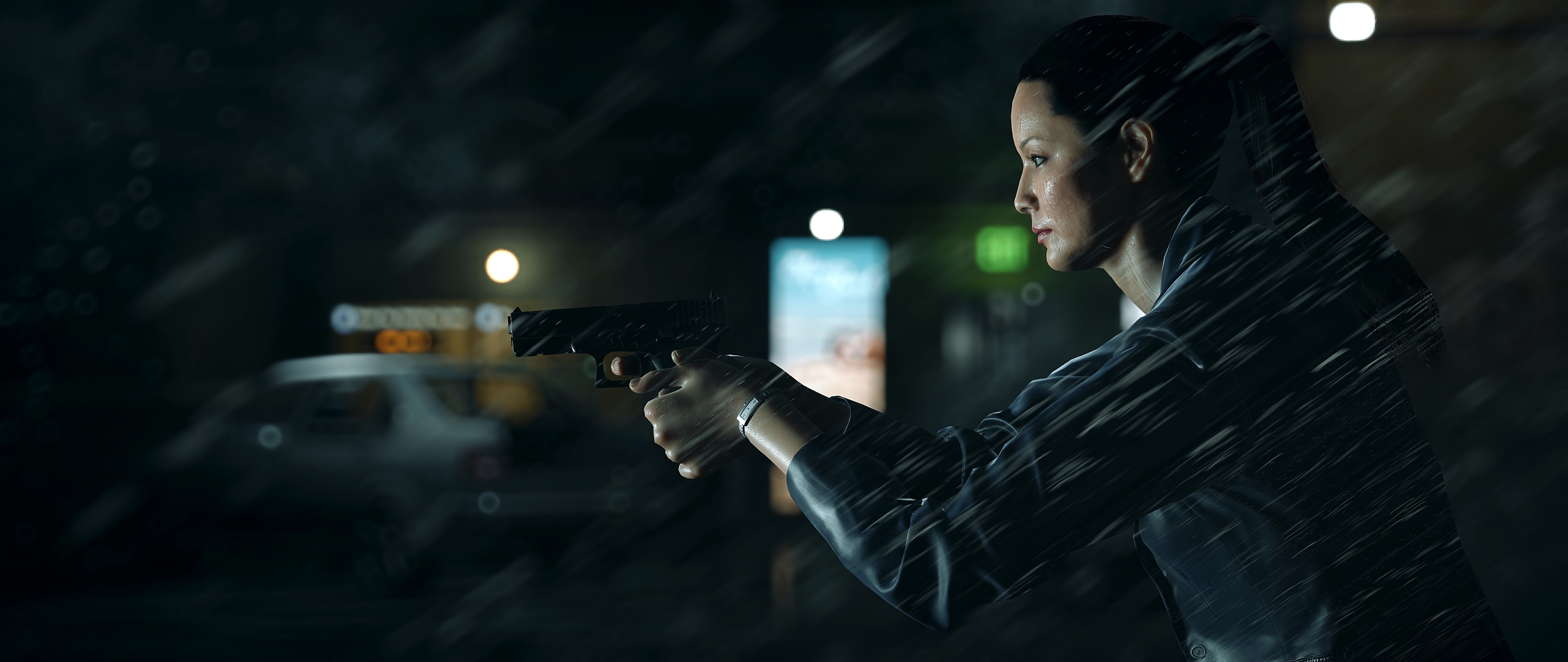 Woman with pistol in the rain at night HD Wallpaper
