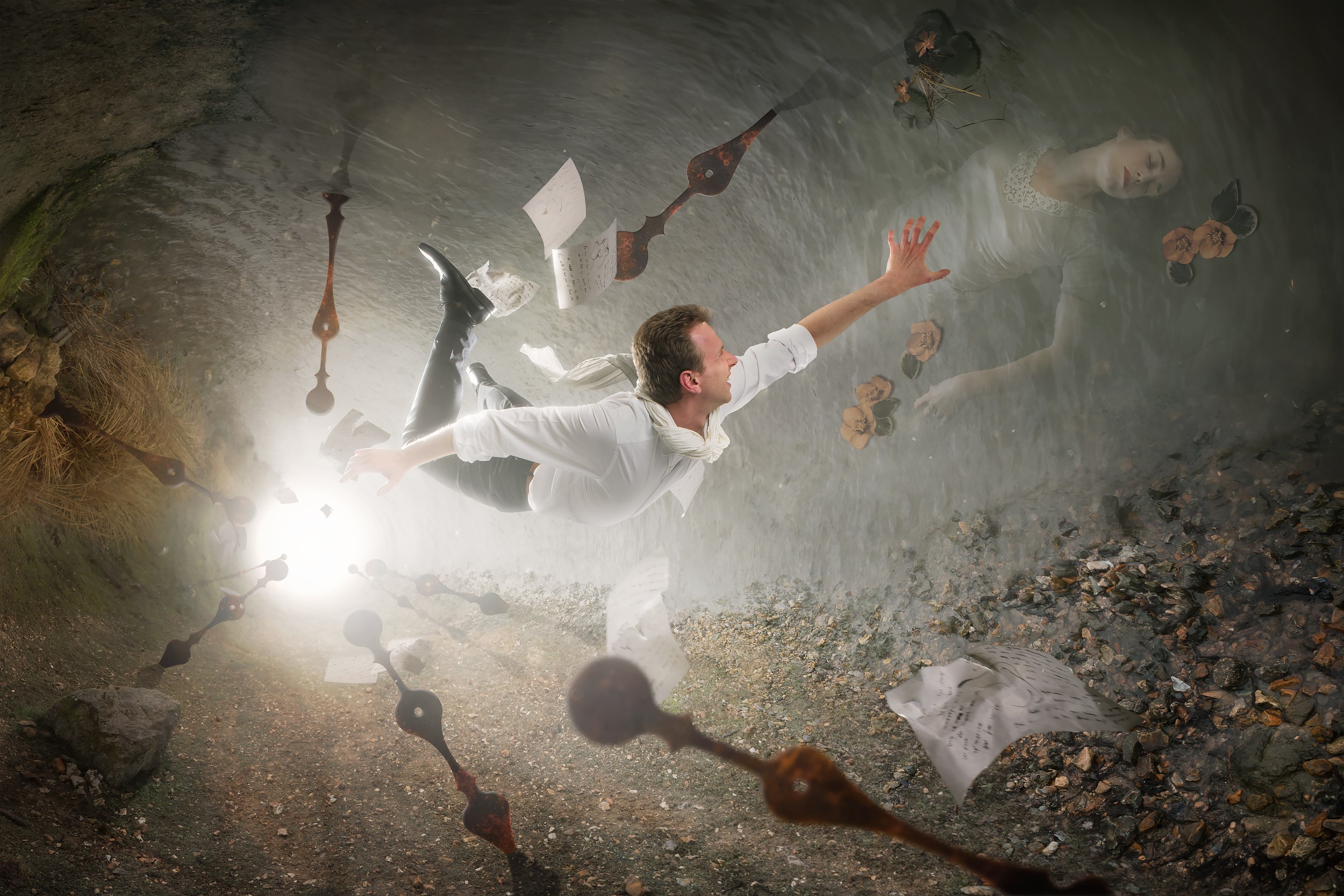 Man falling through time with ghostly woman HD Wallpaper