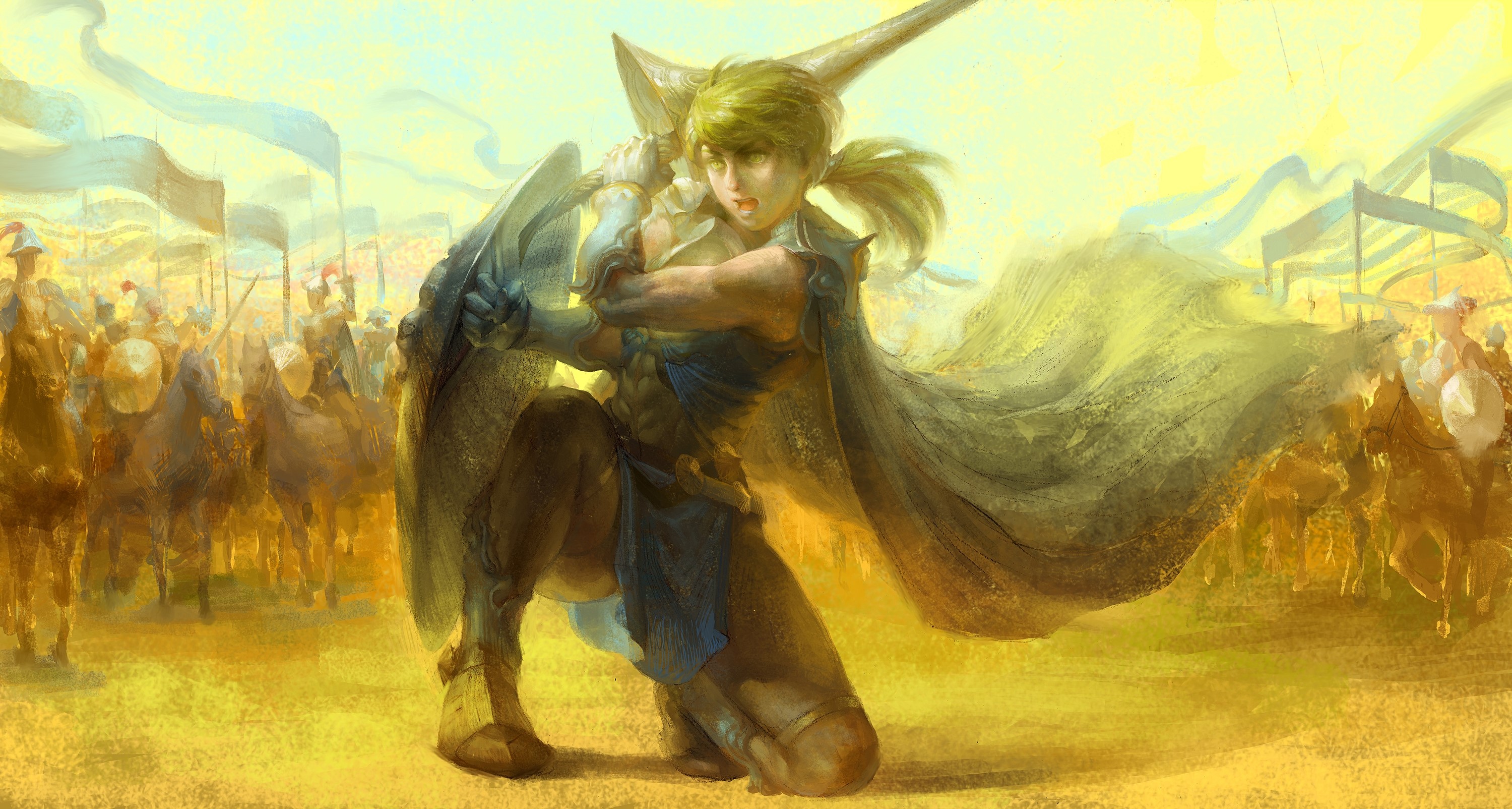 Warrior with sword and shield in front of army HD Wallpaper