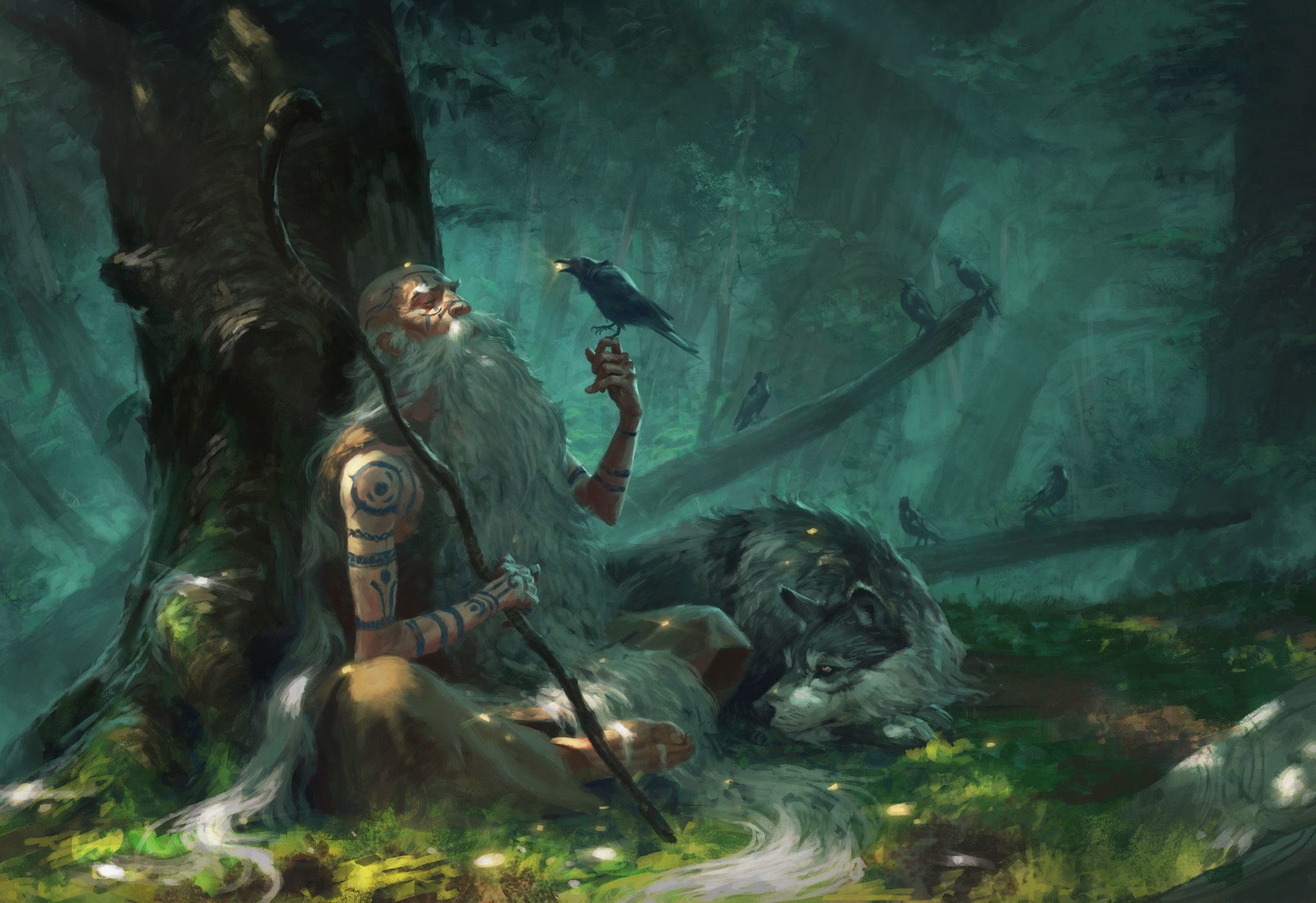 Old man with staff and wolf in a forest with crows HD Wallpaper