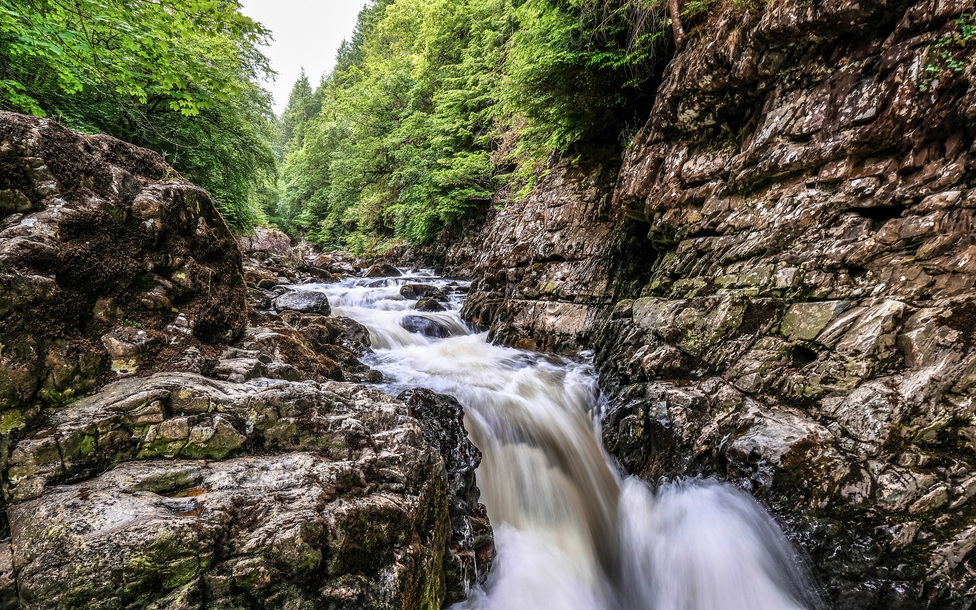 Waterfall in a rocky gorge with trees in Wales HD Wallpaper