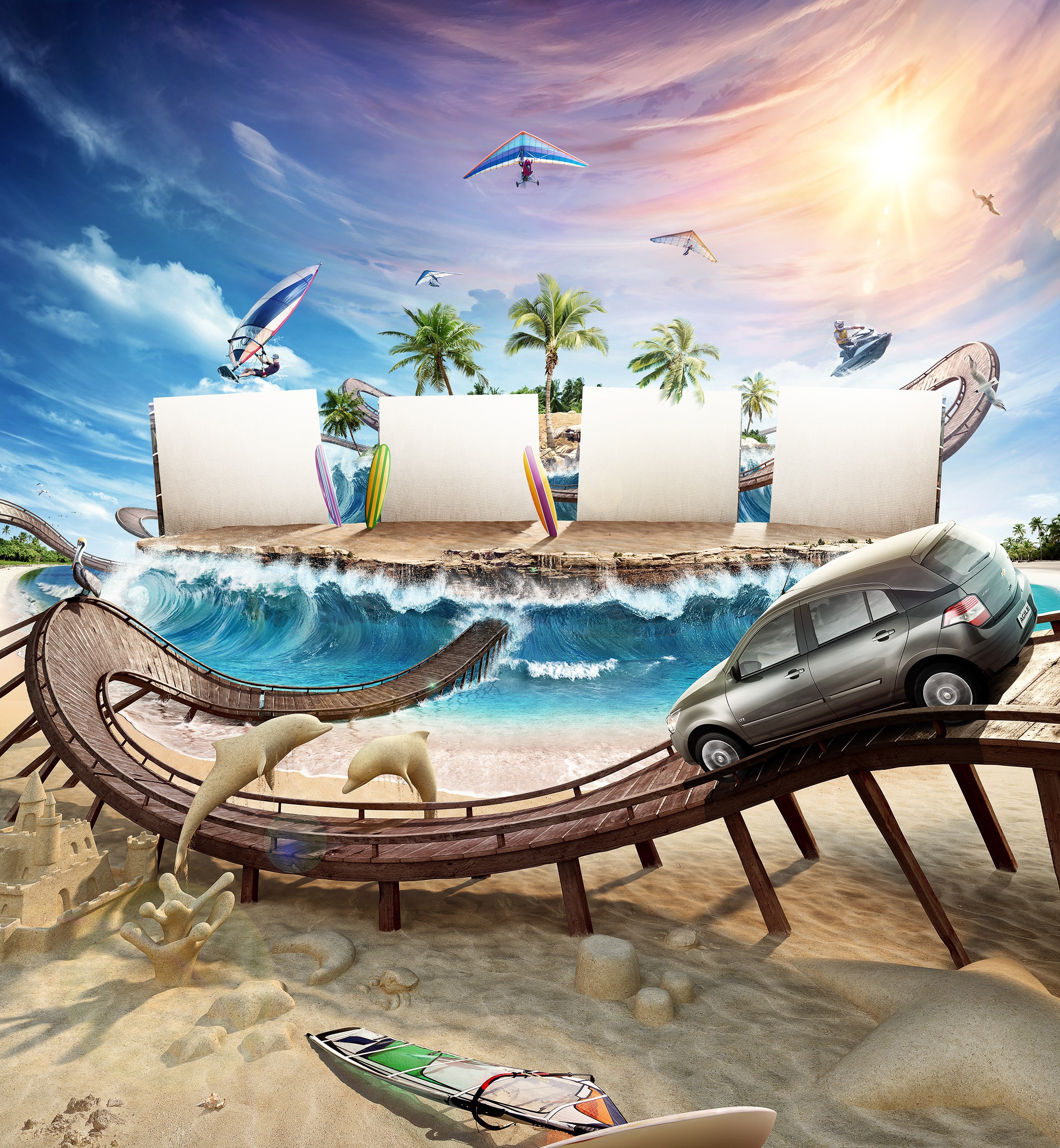 Chevrolet car on a beach with surfboards and hang gliders HD Wallpaper