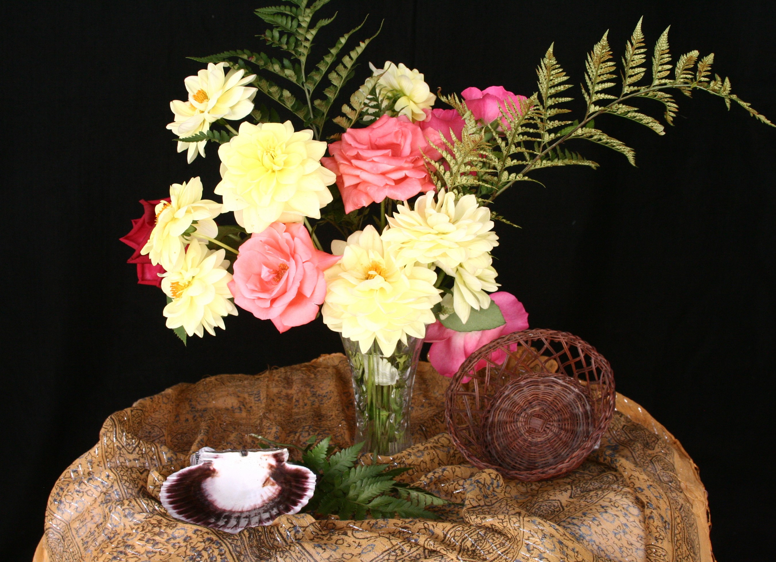 Still-life of roses, dahlias, ferns, and a shell HD Wallpaper