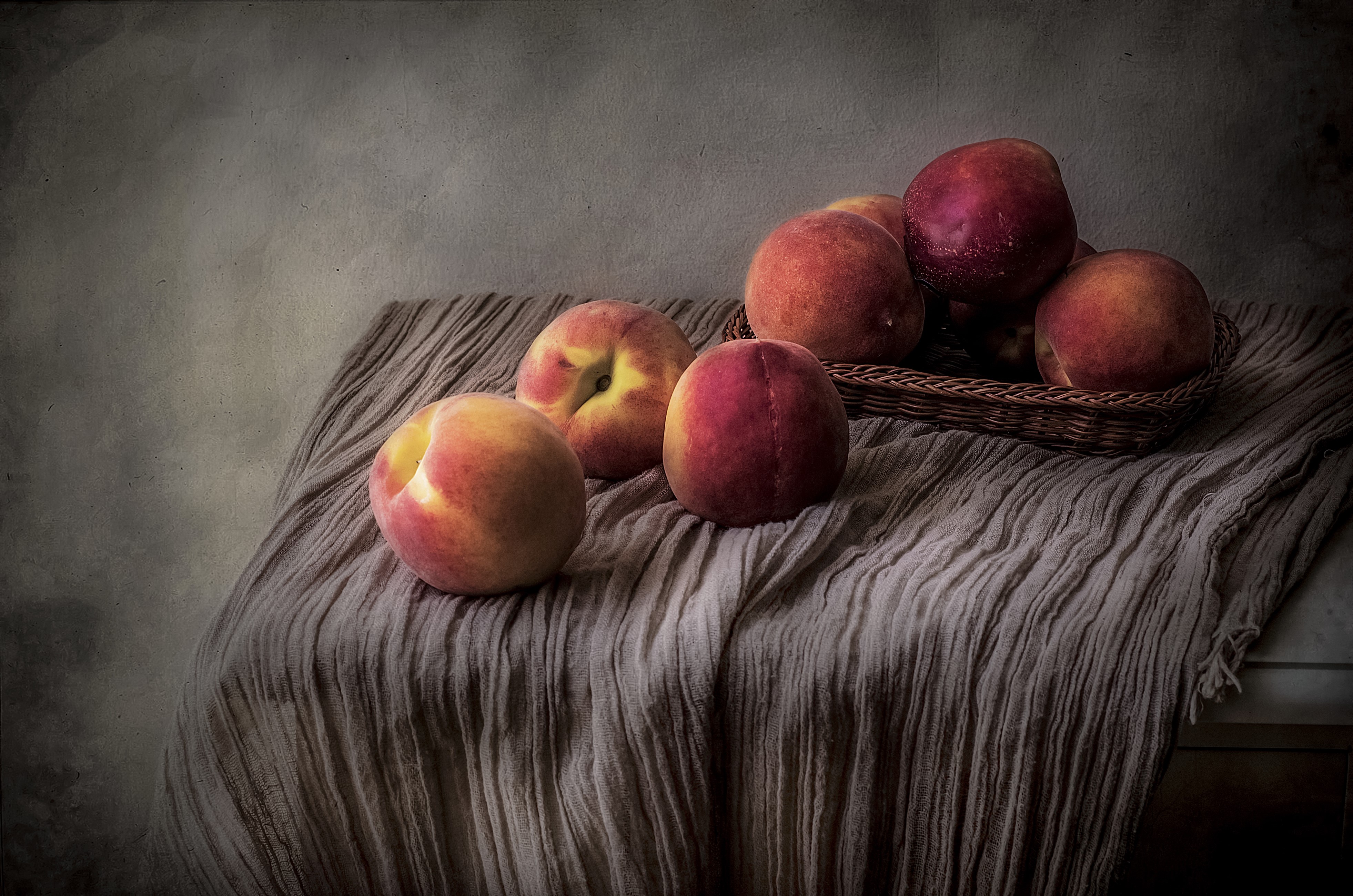 Peaches in a Wicker Basket Still-life HD Wallpaper