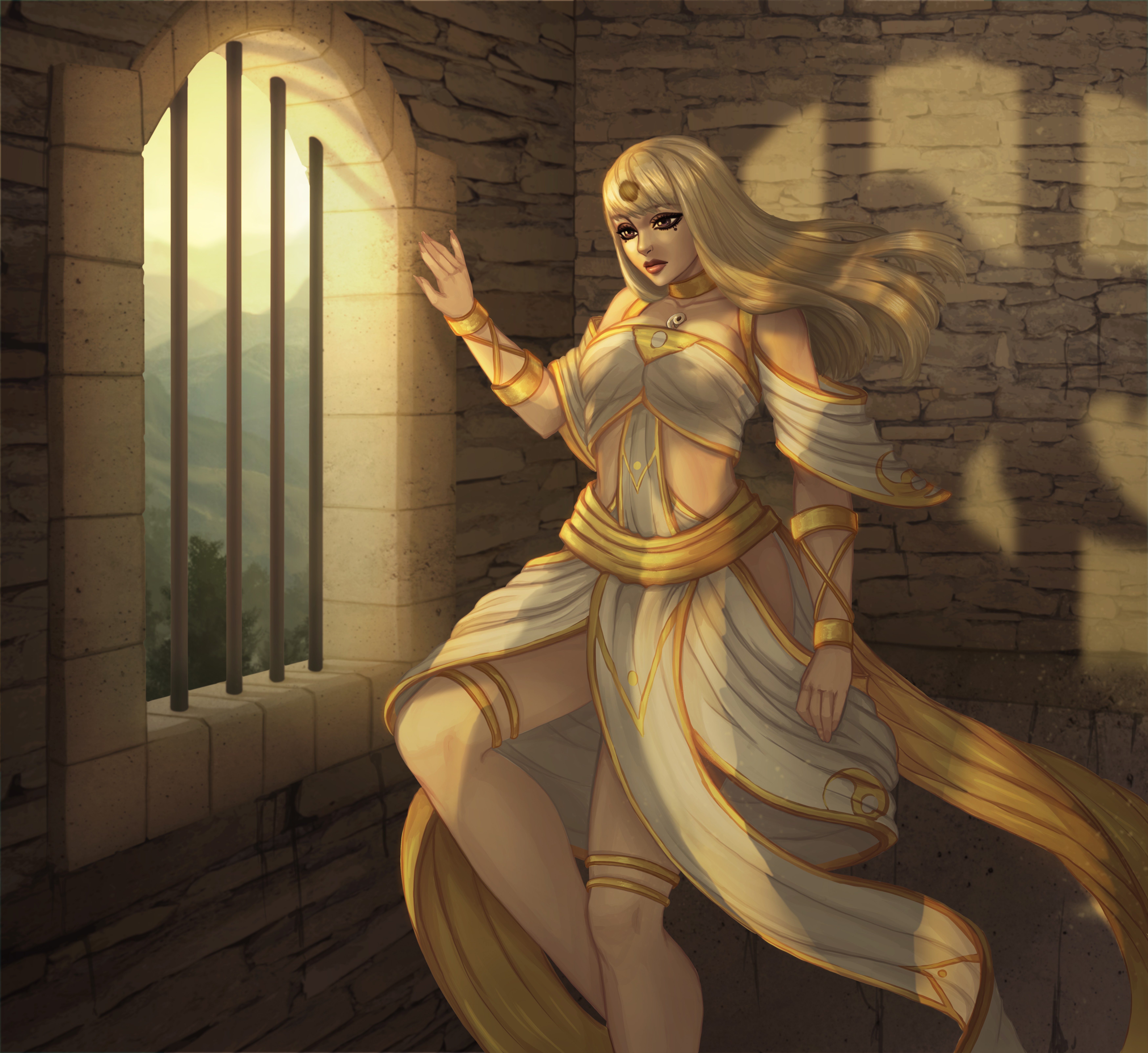 Blonde girl in a white and gold dress by a window HD Wallpaper