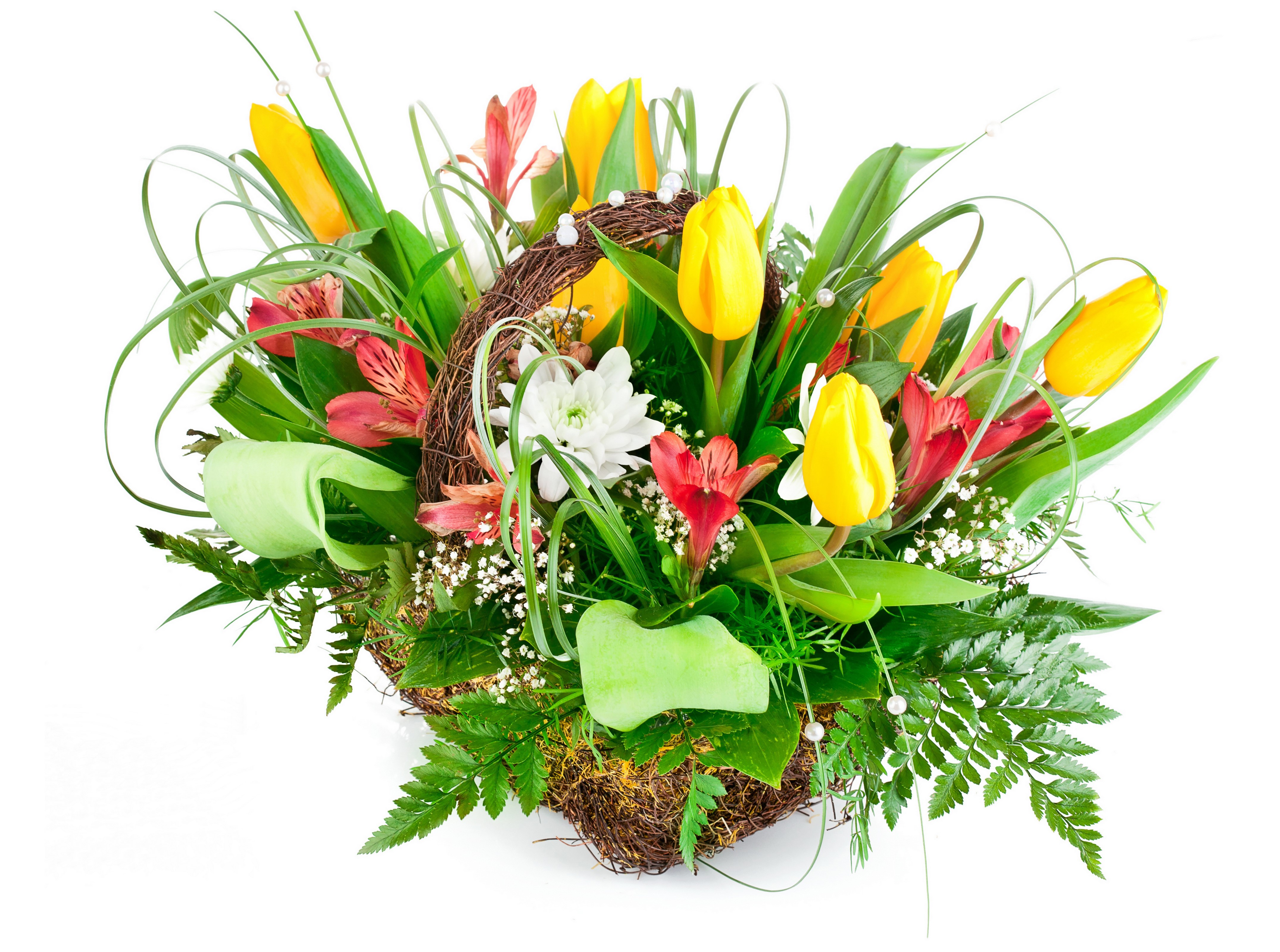 Bouquet of Tulips and Alstroemeria in a Basket HD Wallpaper