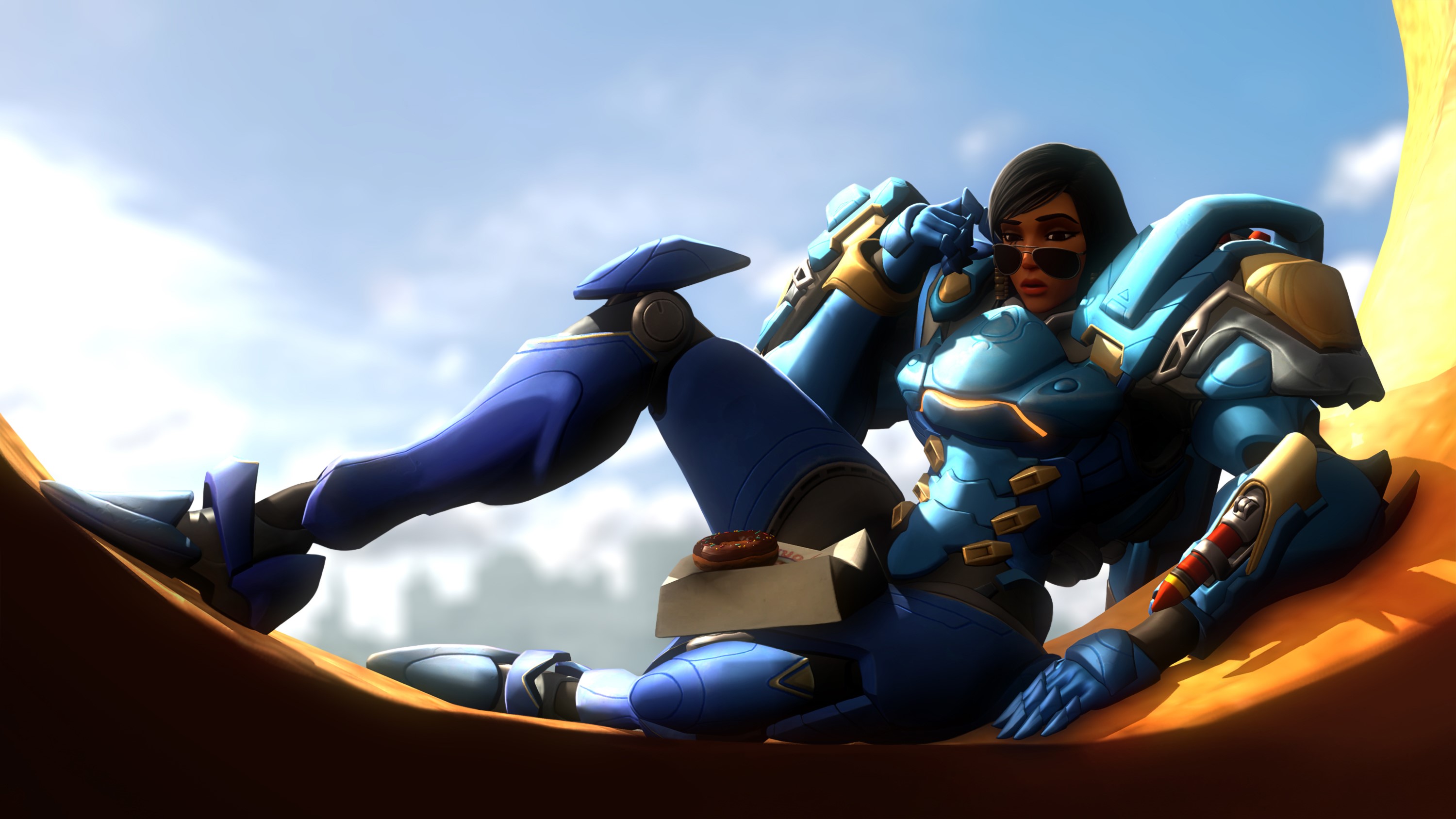 Pharah from Overwatch relaxing with a donut HD Wallpaper