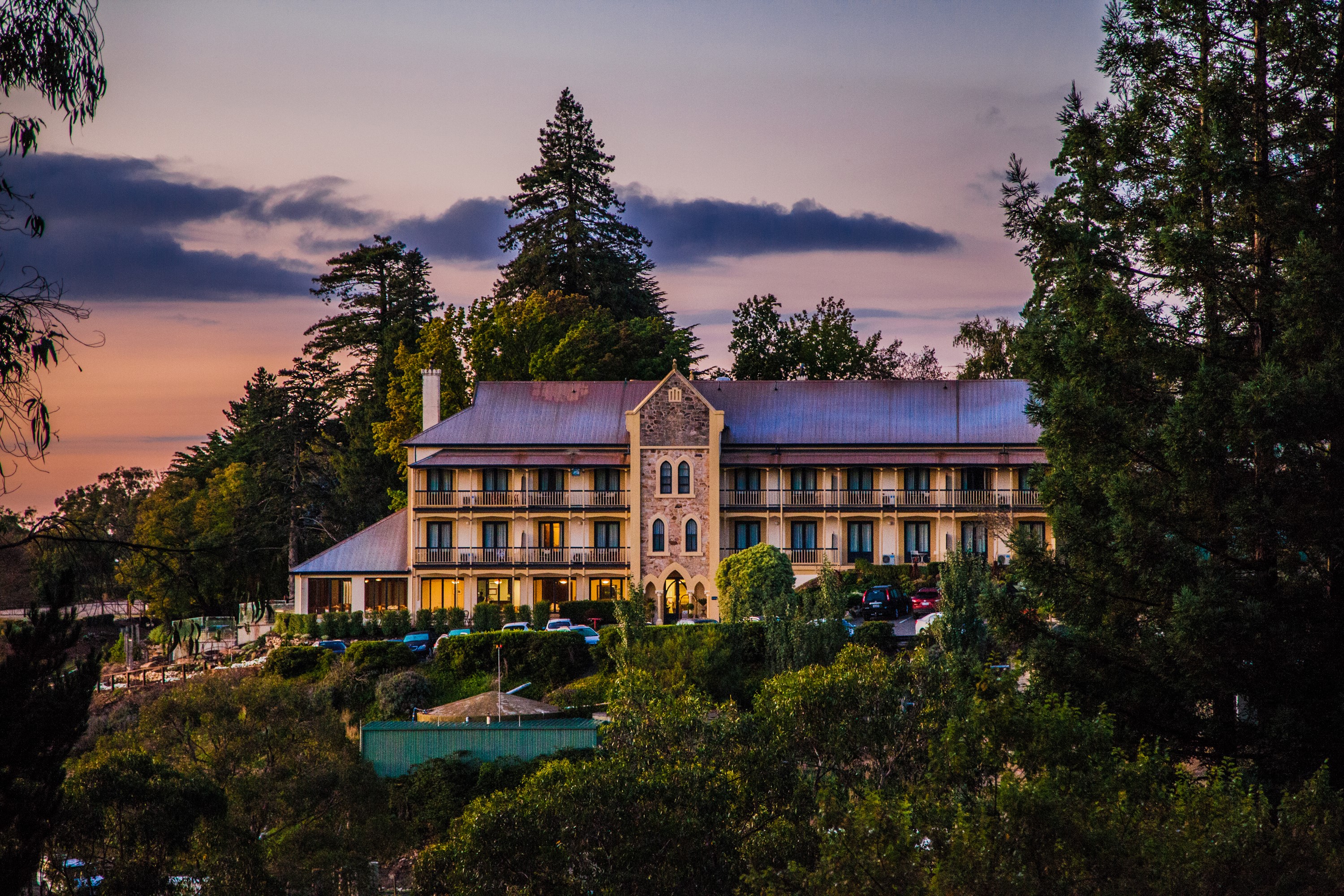 Hotel building on a hill with trees at sunset HD Wallpaper