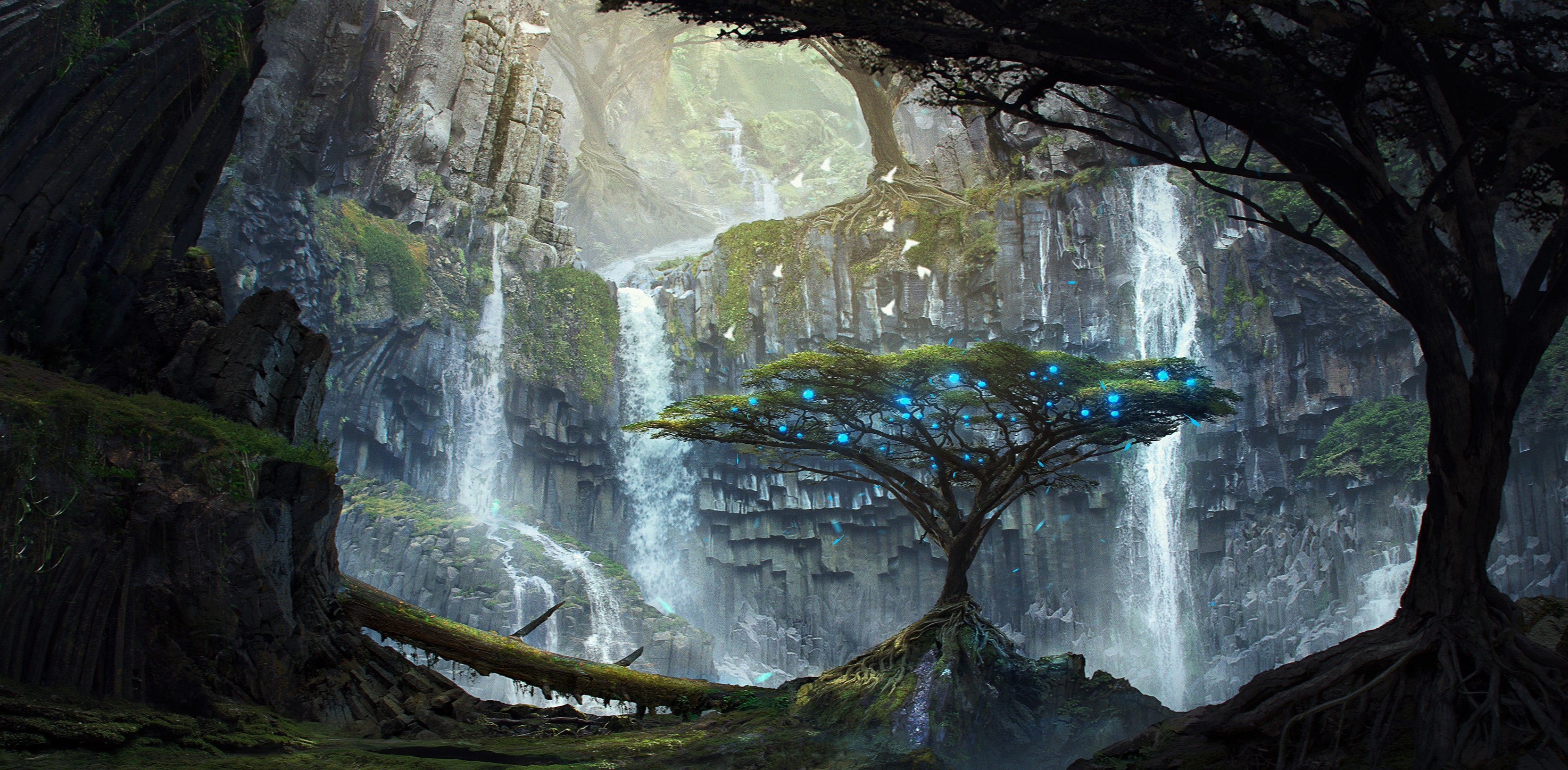 Magical Tree with Blue Lights and Waterfalls HD Wallpaper