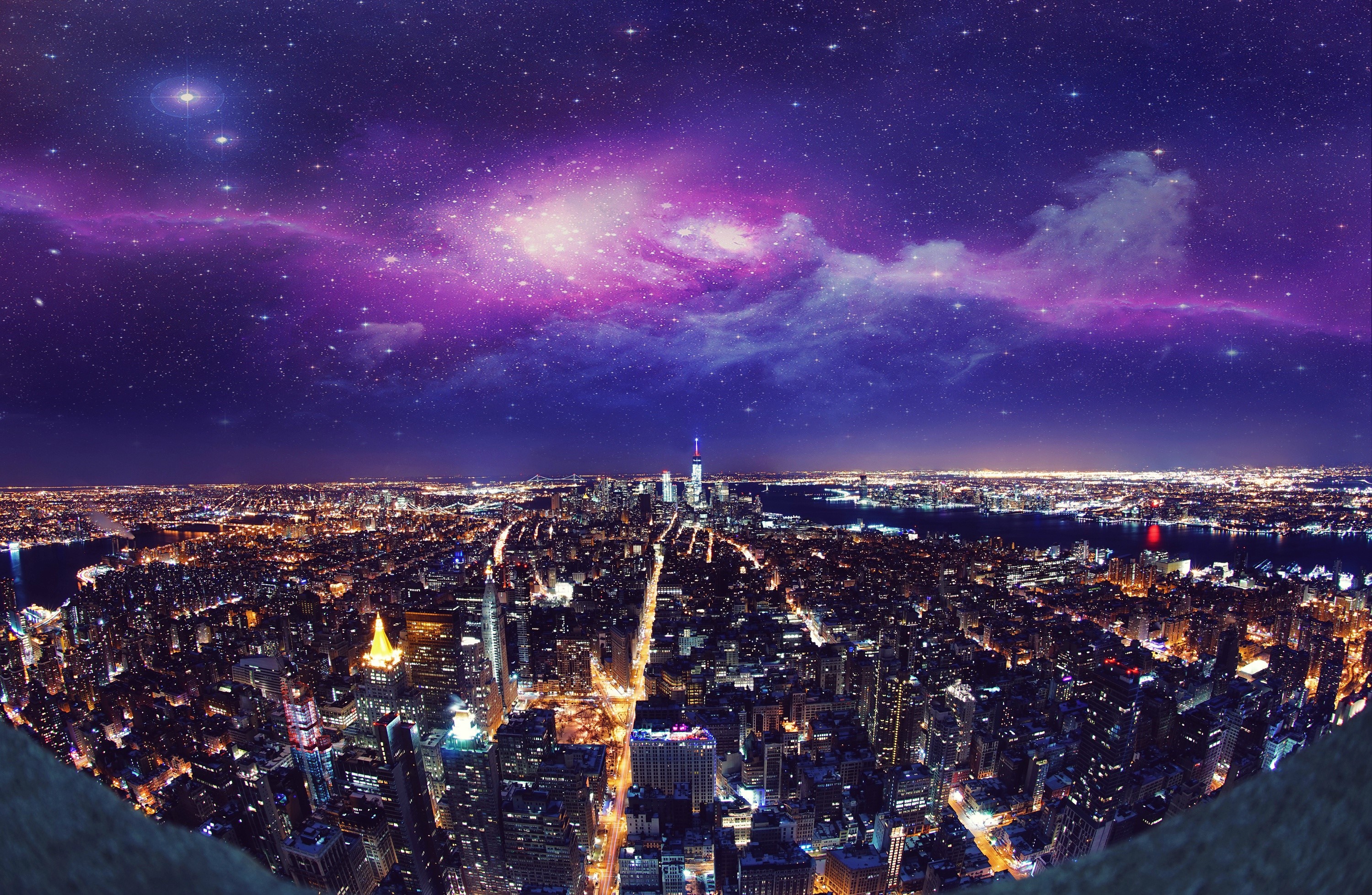New York City Skyline Under a Galaxy Sky HD Wallpaper