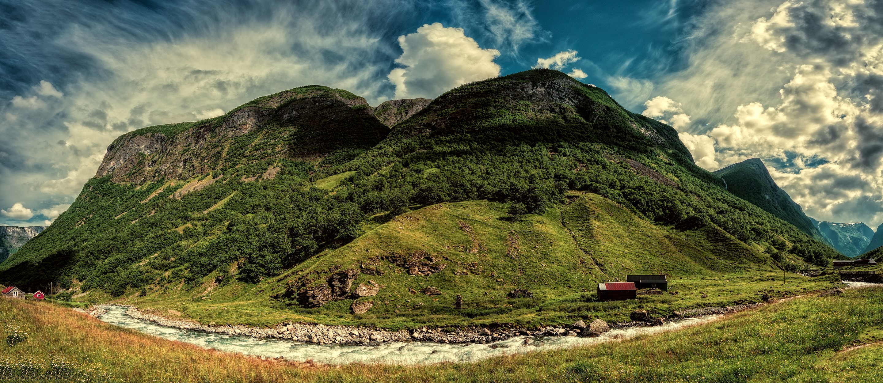 Aurland, Norway: Mountains, River, and Houses HD Wallpaper