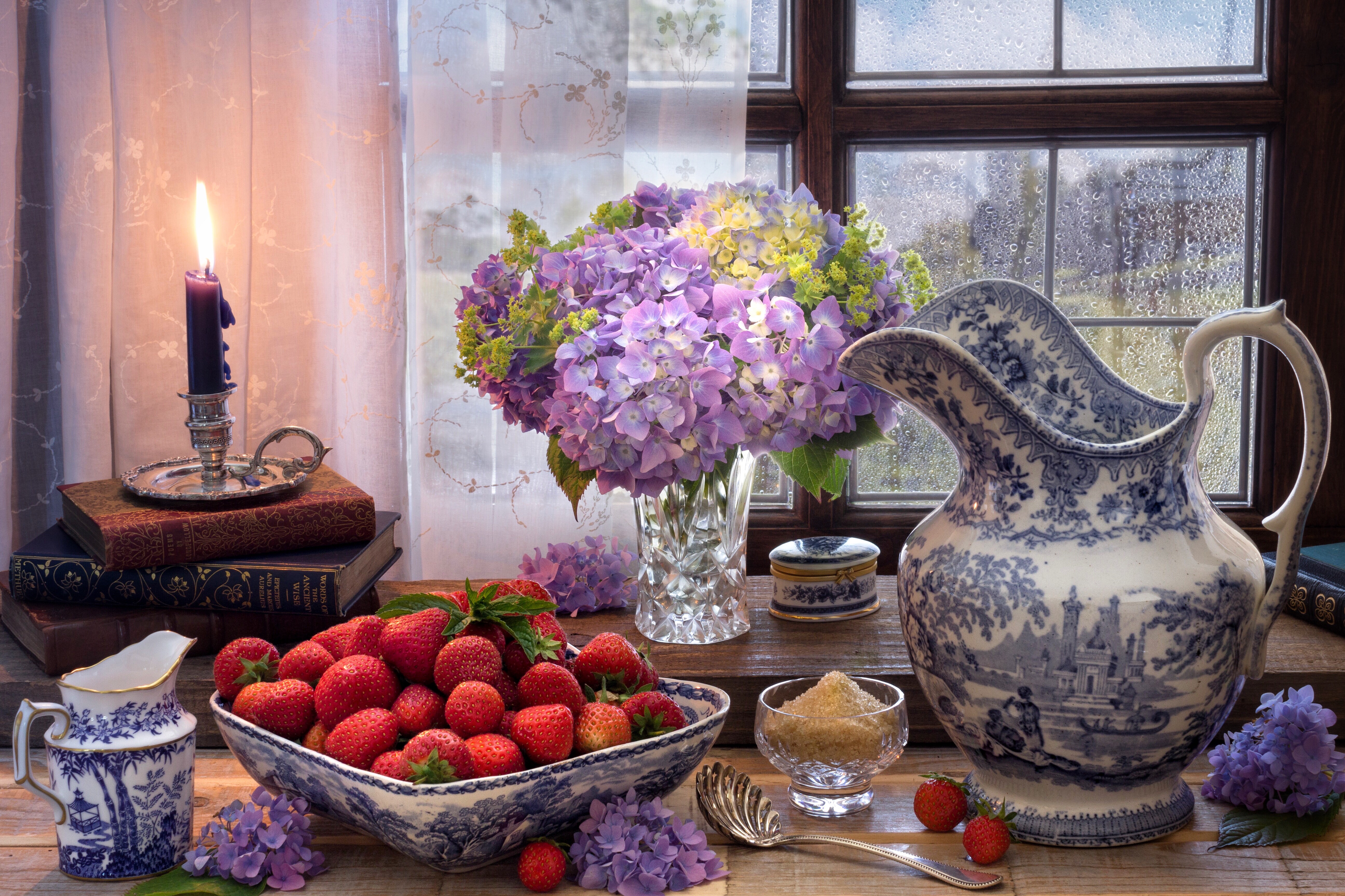 Still-life with Hydrangeas, Strawberries, and a Candle HD Wallpaper