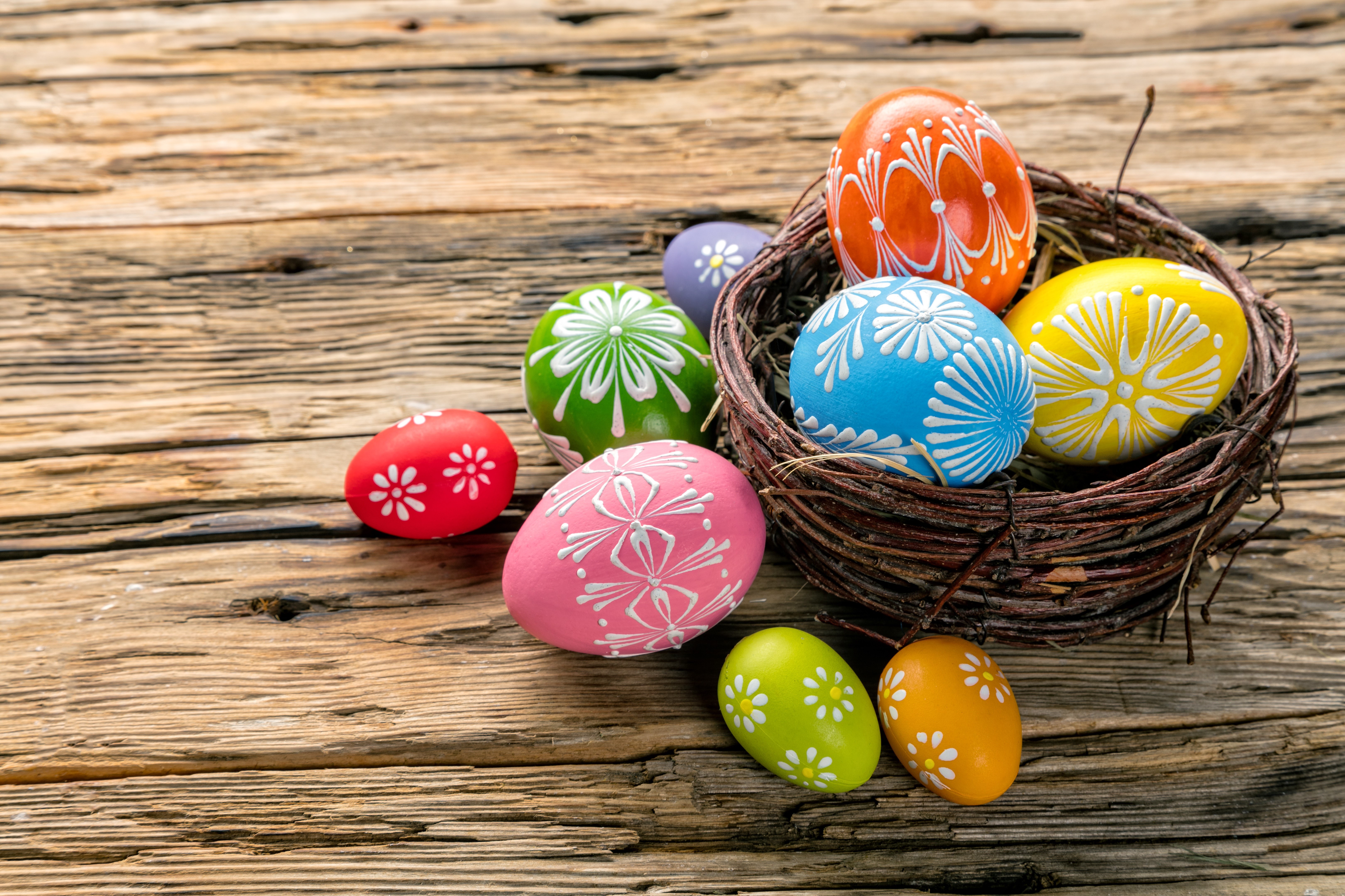 Easter Eggs in a Nest on Wooden Surface HD Wallpaper