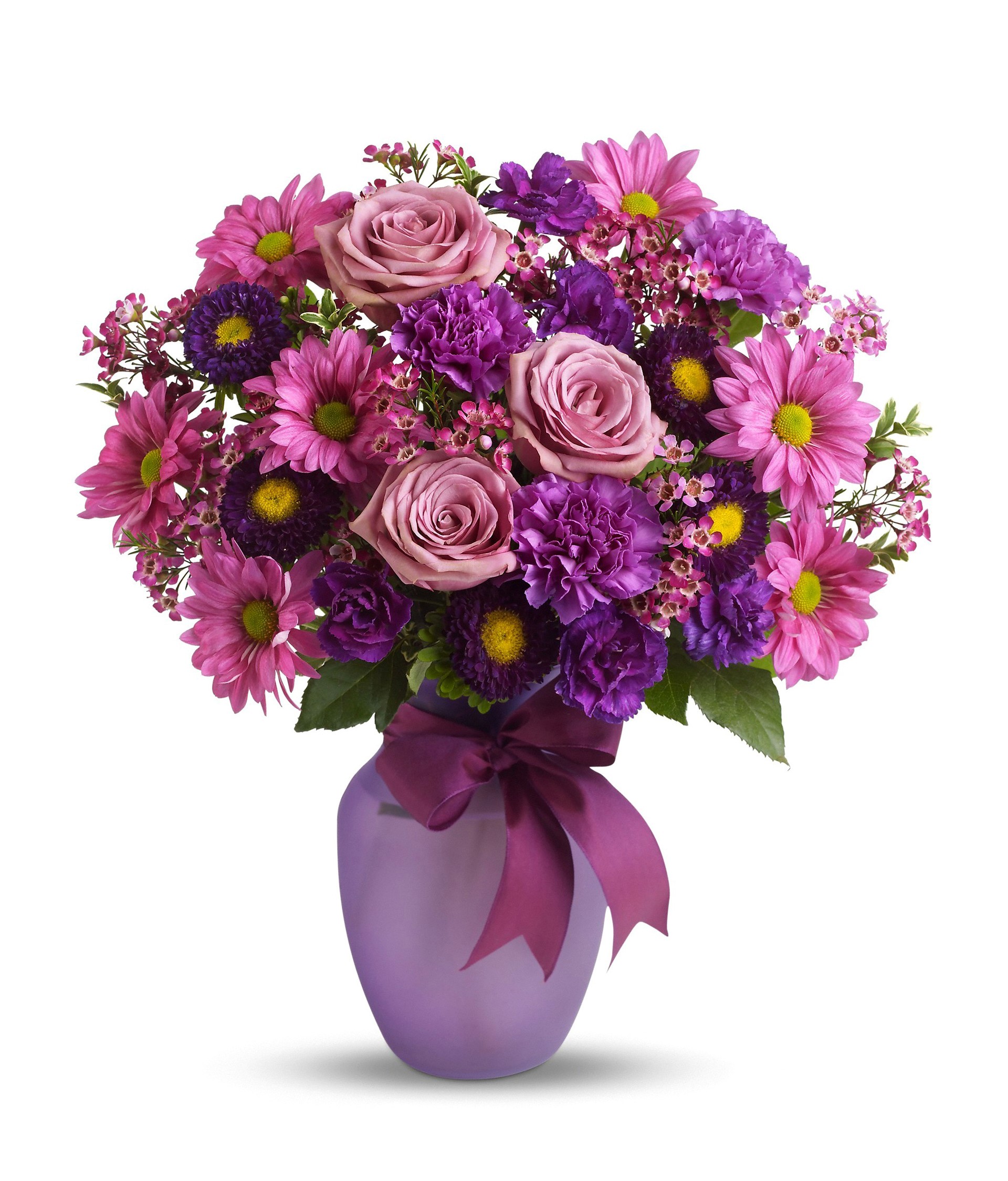 Purple and pink floral arrangement in a vase with a bow HD Wallpaper