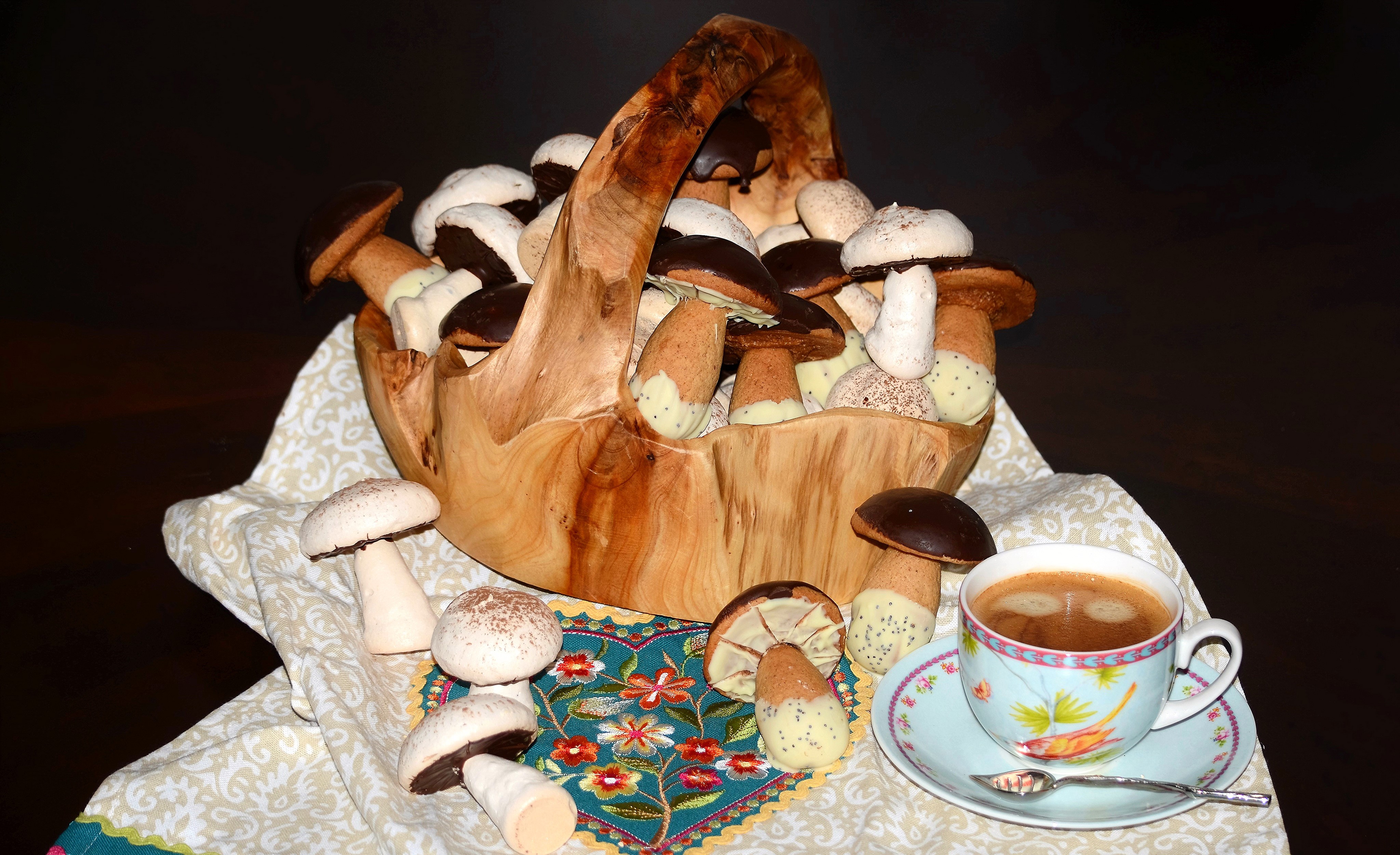 Mushroom Pastries in a Wooden Basket with Coffee HD Wallpaper
