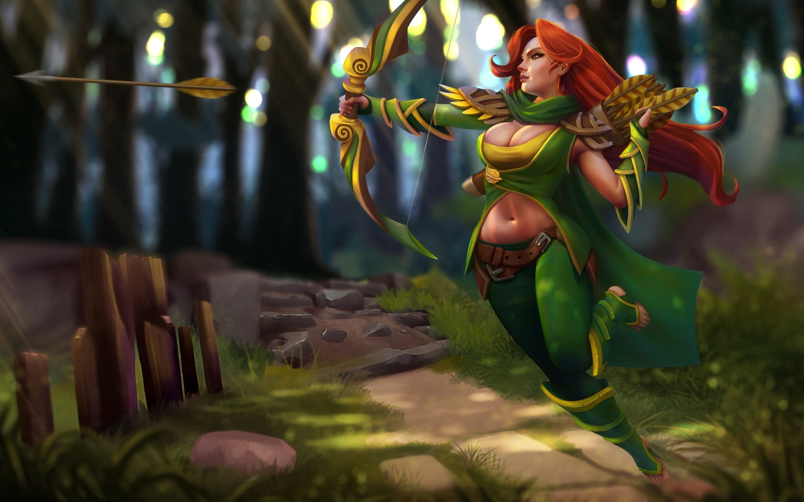 Windrunner from DOTA 2 firing an arrow in a forest HD Wallpaper