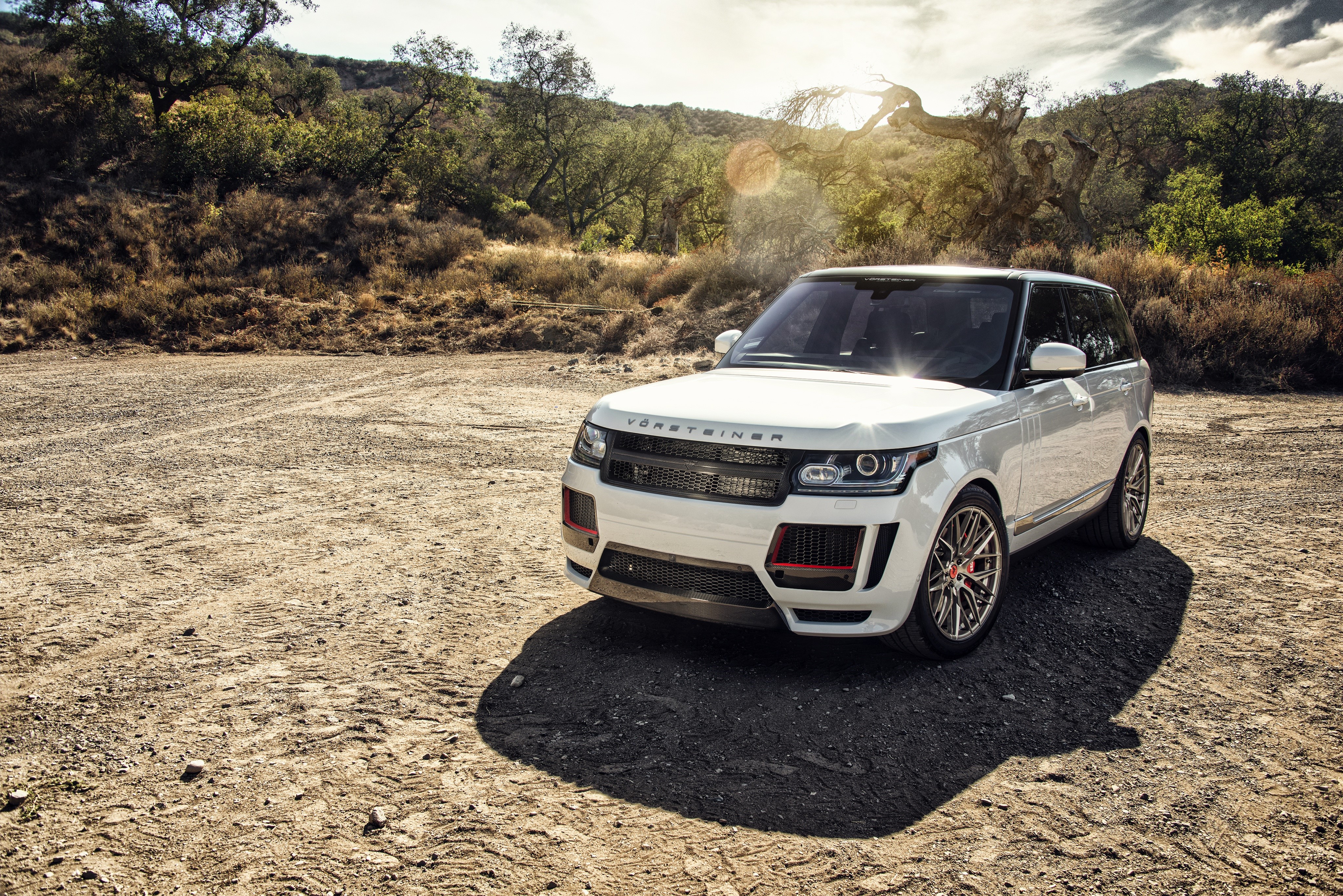 4K White Vorsteiner Land Rover in a Dry Landscape HD Wallpaper