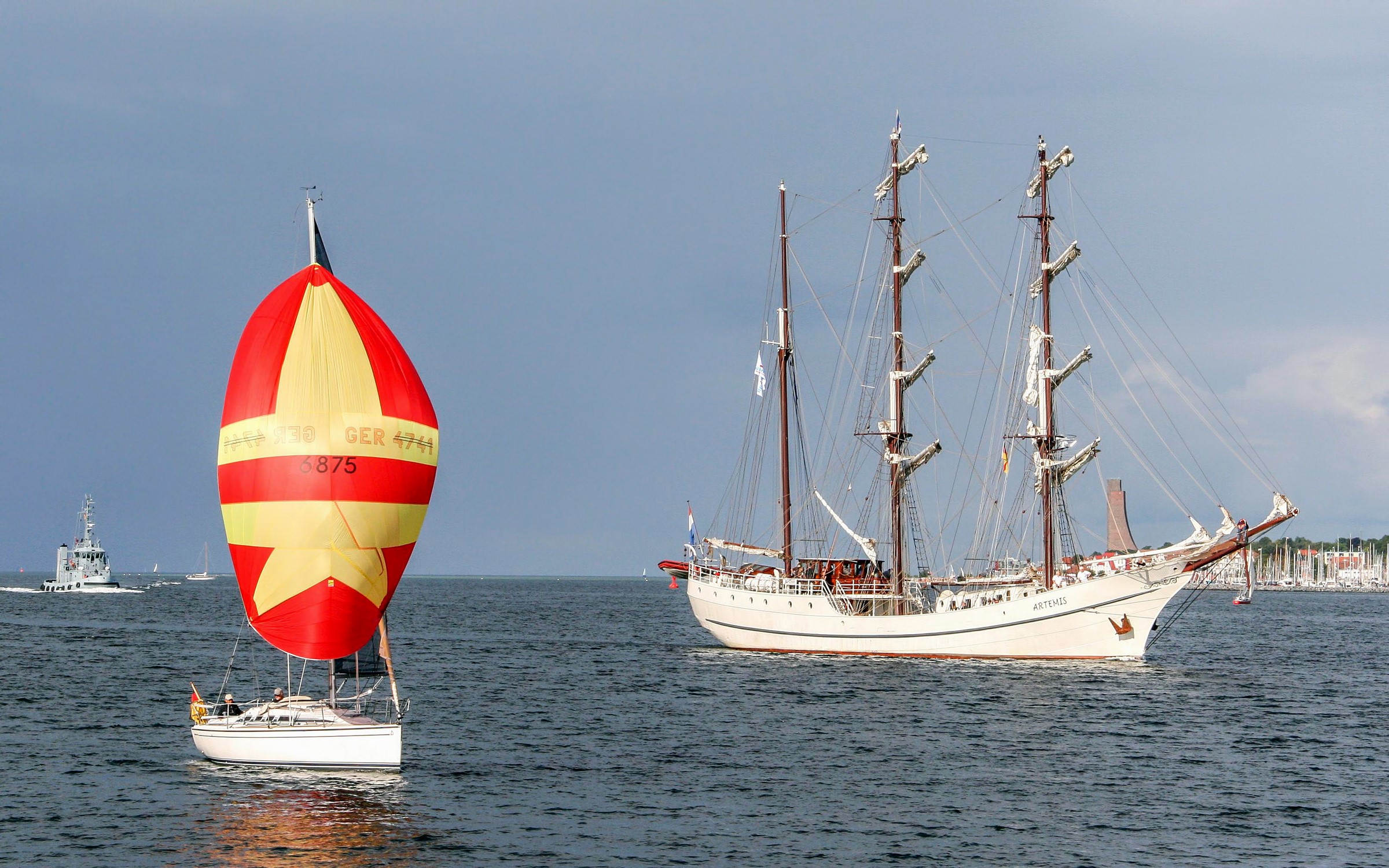 Tall Ship and Sailboat on the Water HD Wallpaper