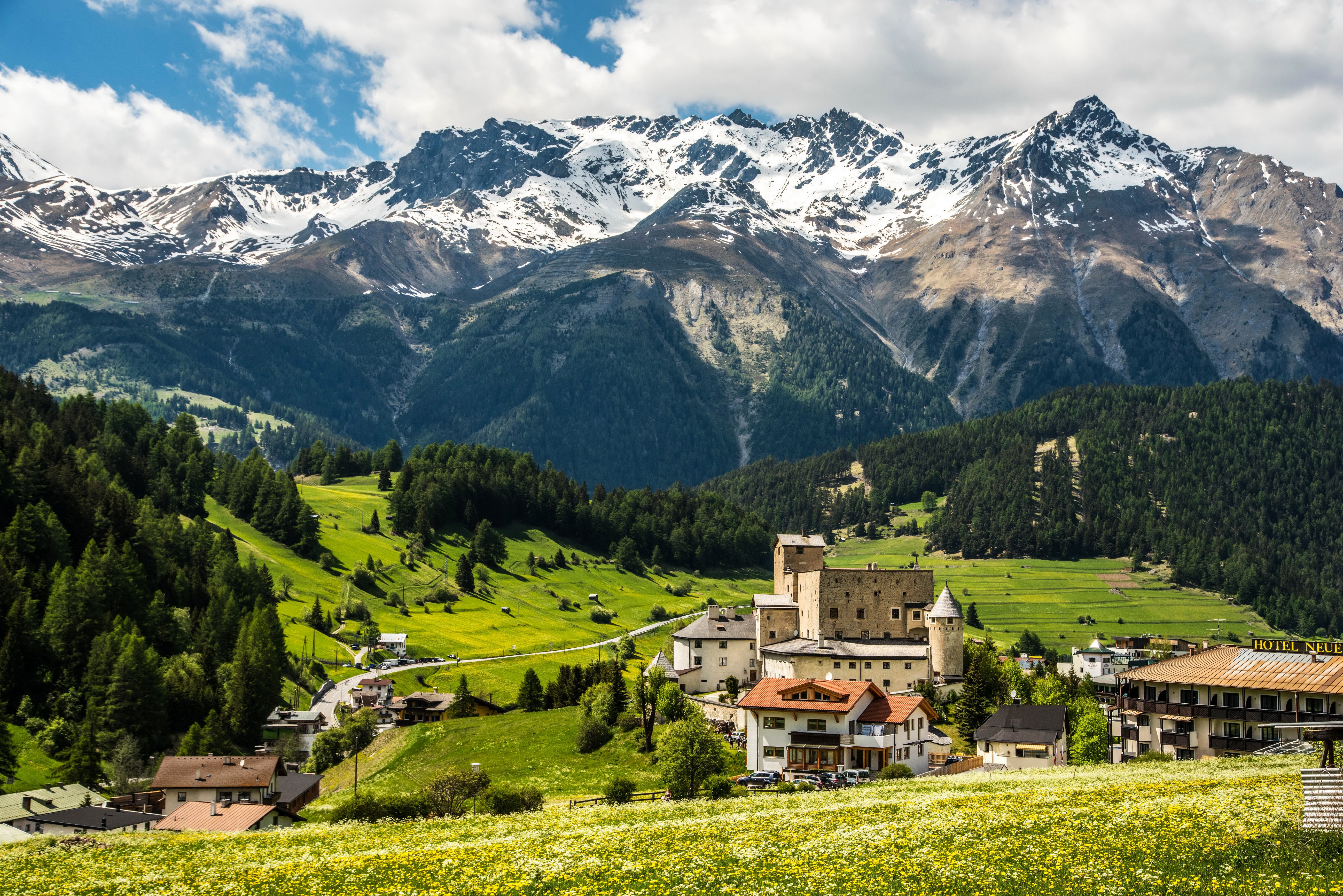 Nauders, Austria: Village with Castle and Snow-Capped Mountains HD Wallpaper