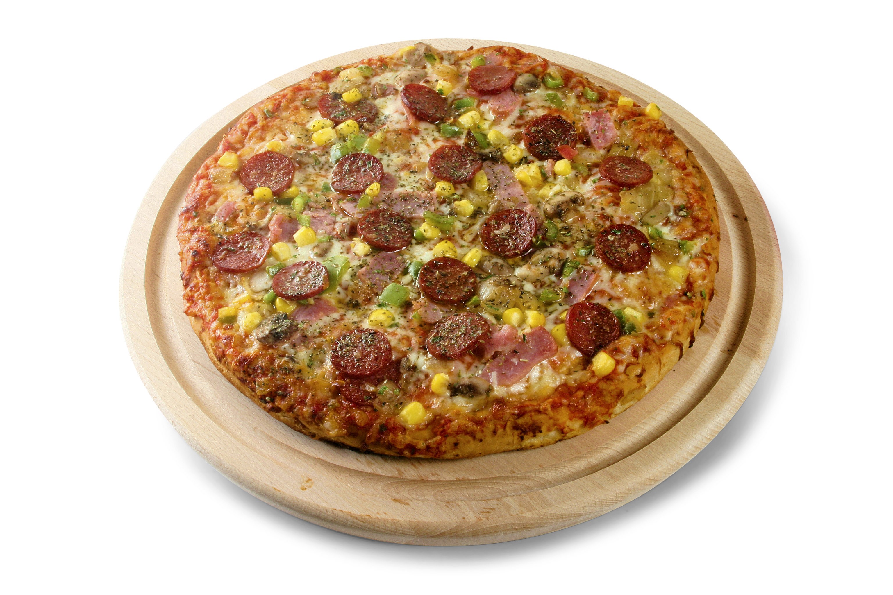 Pizza with pepperoni, ham, corn, and peppers on a cutting board HD Wallpaper