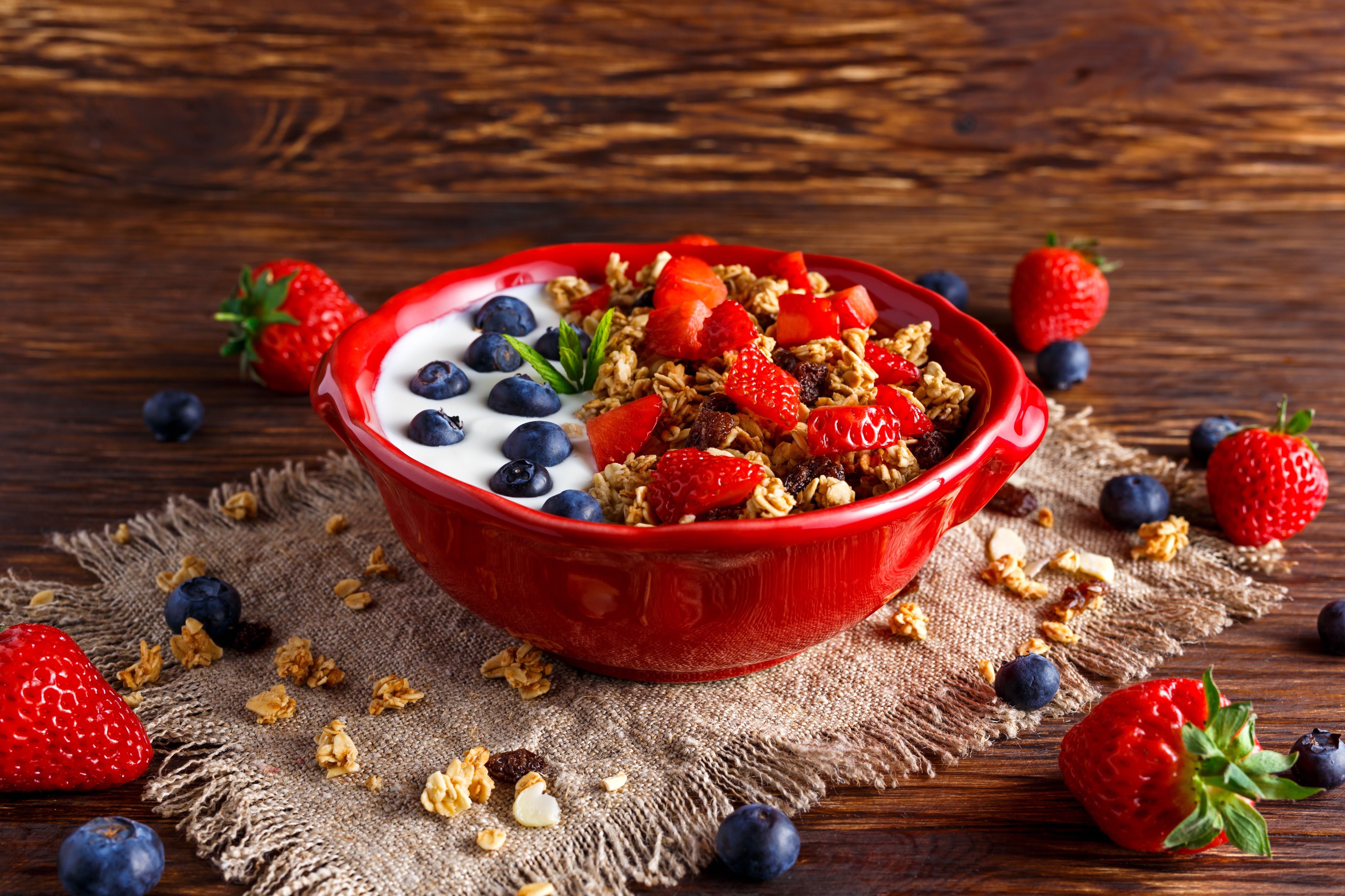4K Strawberry and Blueberry Muesli Breakfast HD Wallpaper