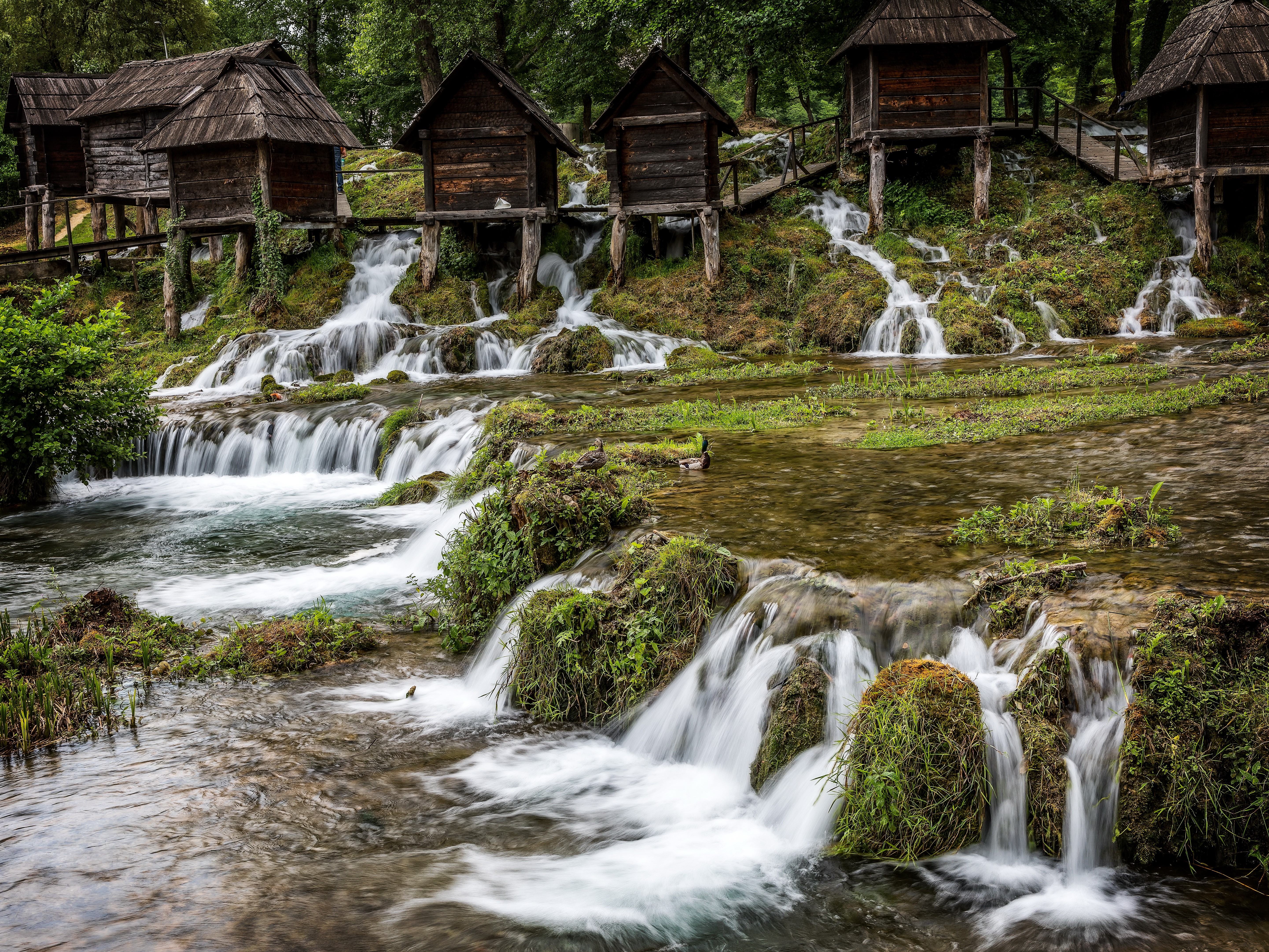 Waterfalls and wooden houses in Bosnia and Herzegovina HD Wallpaper