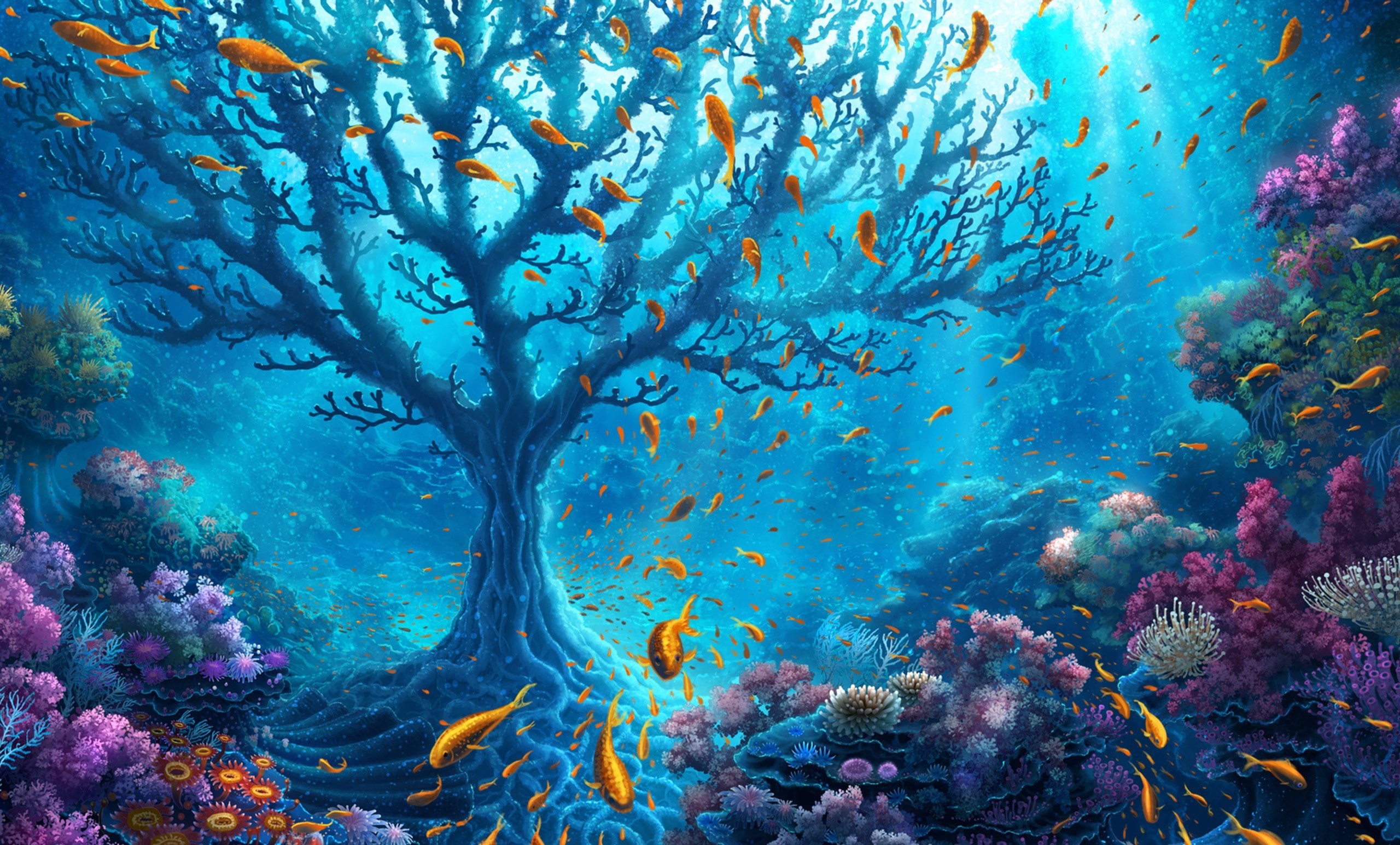 Underwater tree with golden fish and colorful corals HD Wallpaper