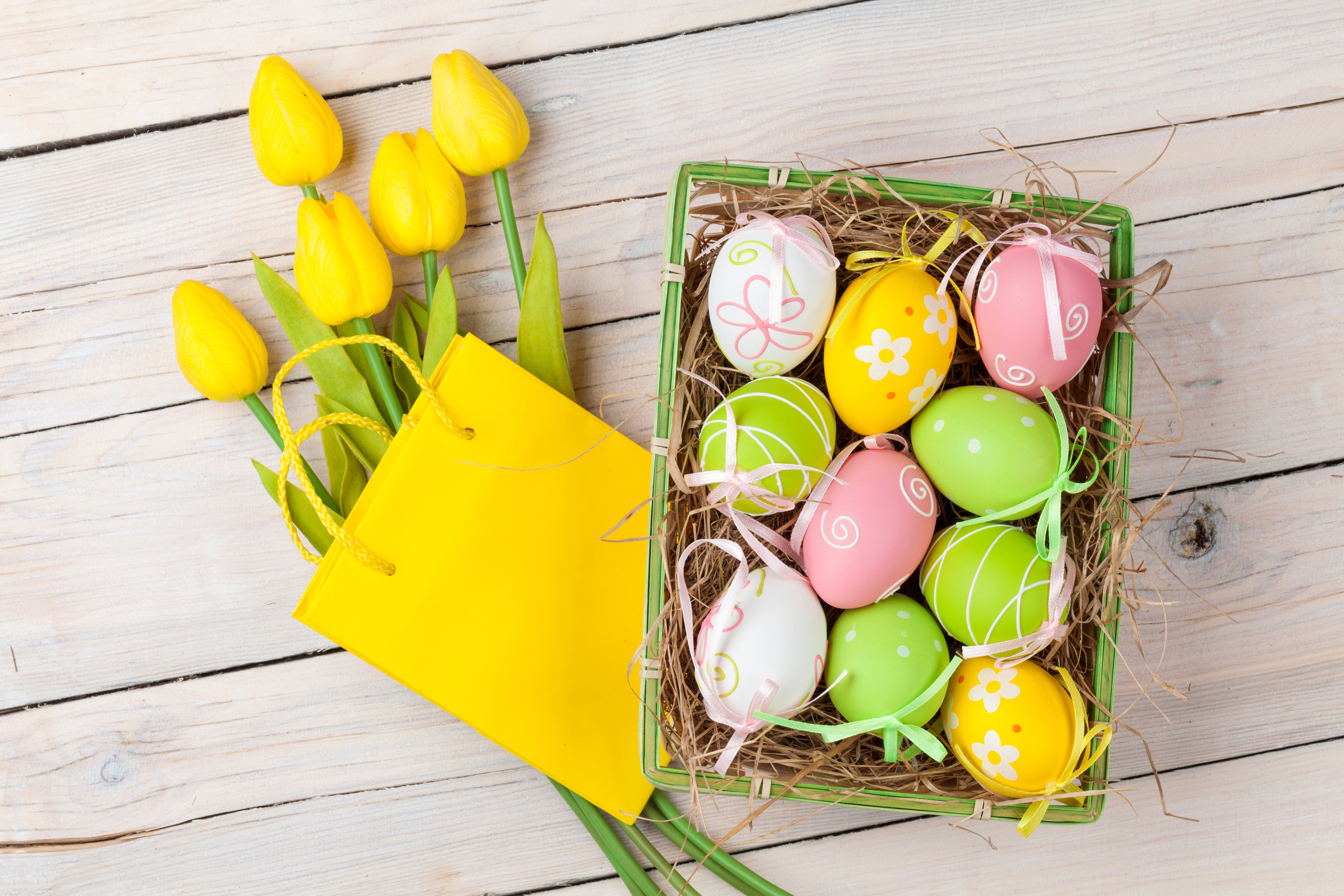 Yellow Tulips and Easter Eggs in a Basket HD Wallpaper