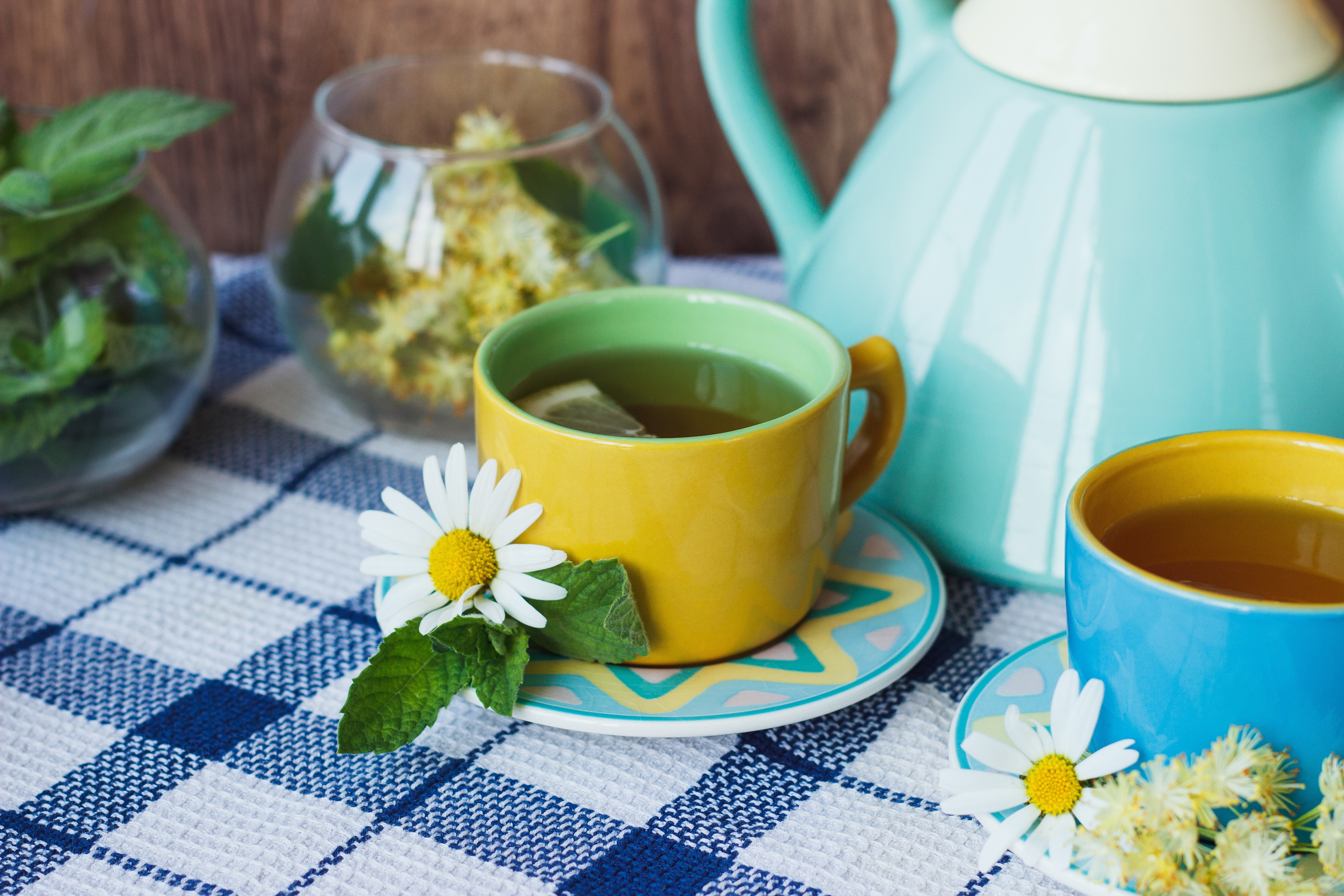 Tea cups with chamomile and mint HD Wallpaper