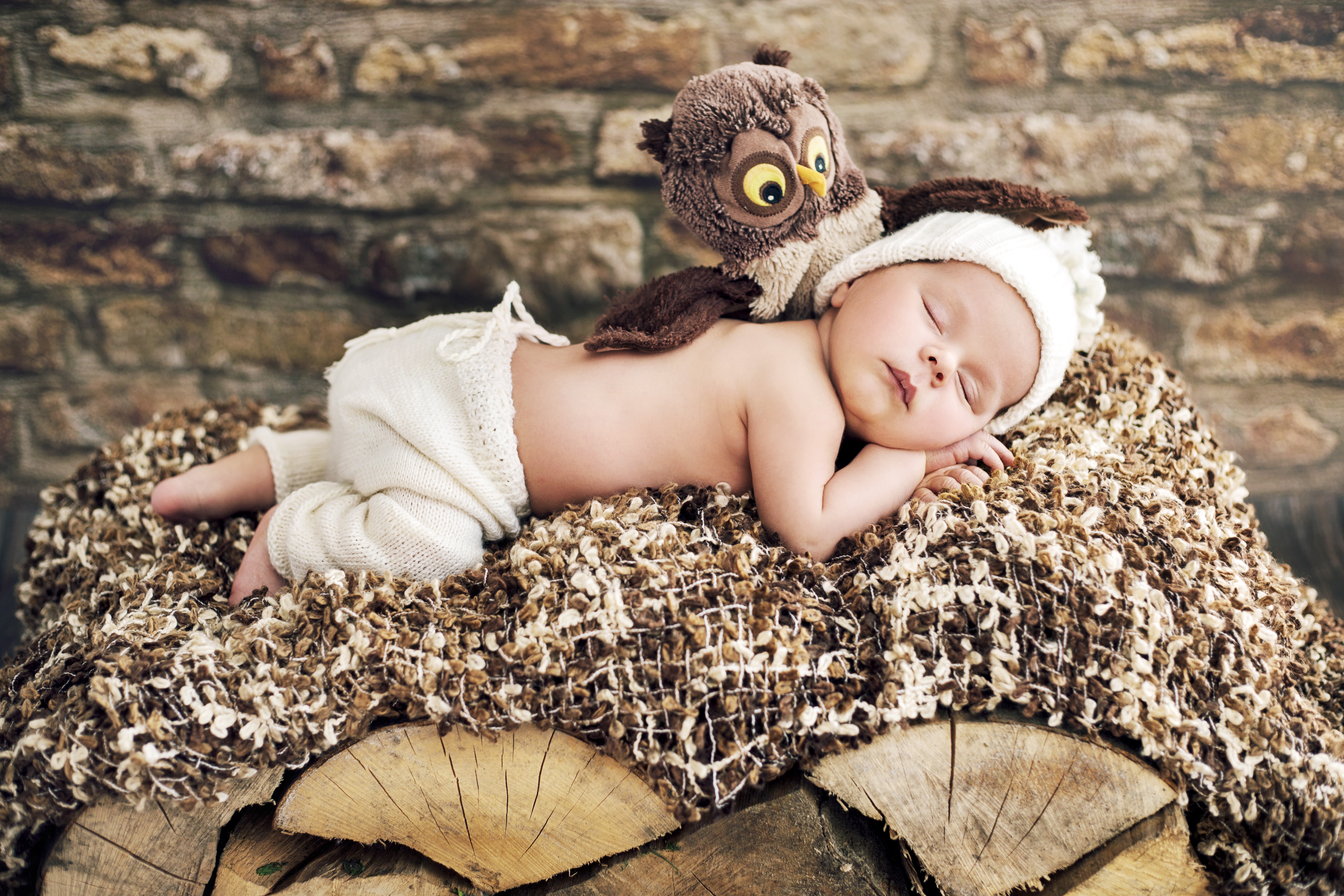 Baby sleeping with owl toy on logs HD Wallpaper