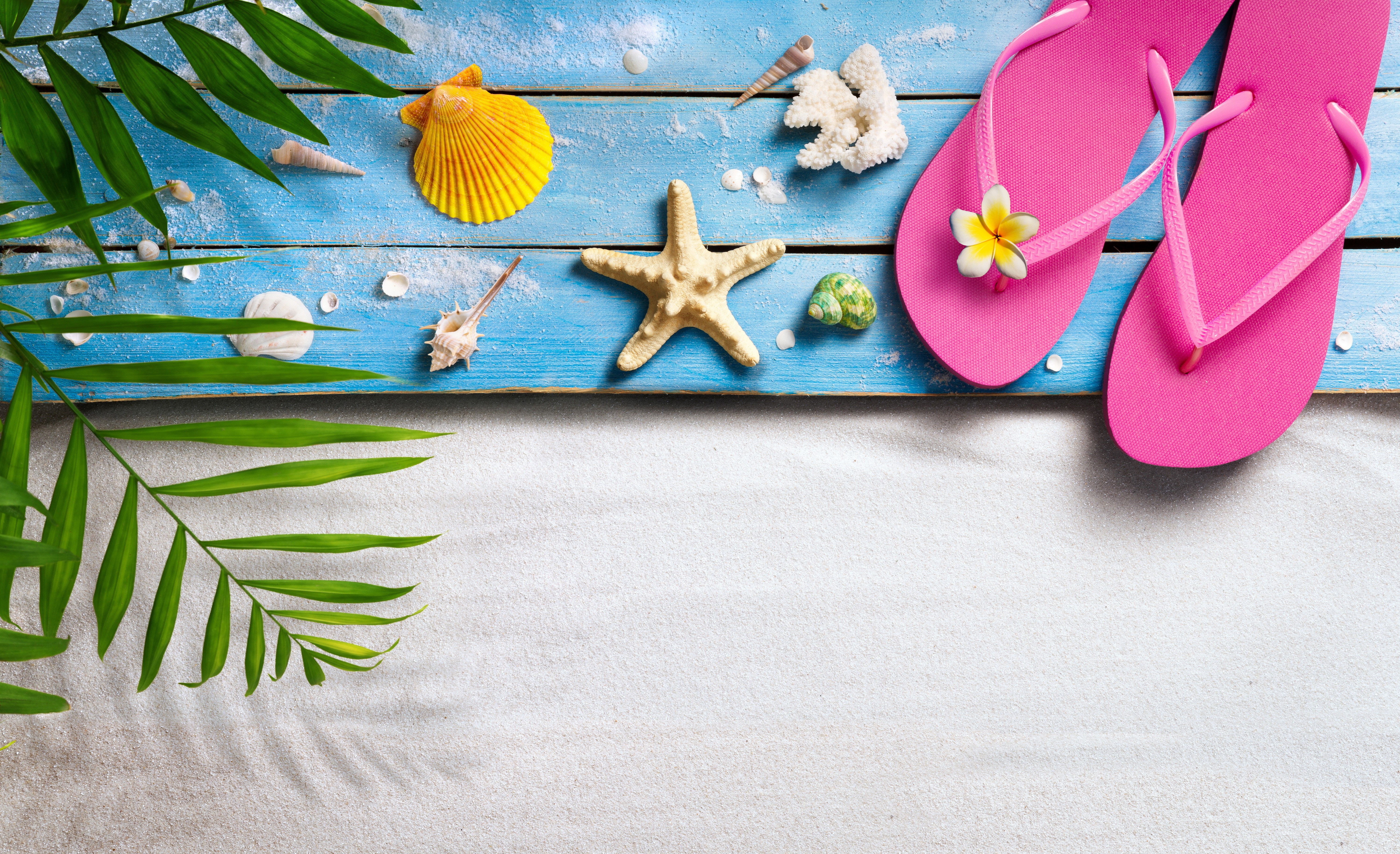 Summer beach scene with flip-flops and shells HD Wallpaper