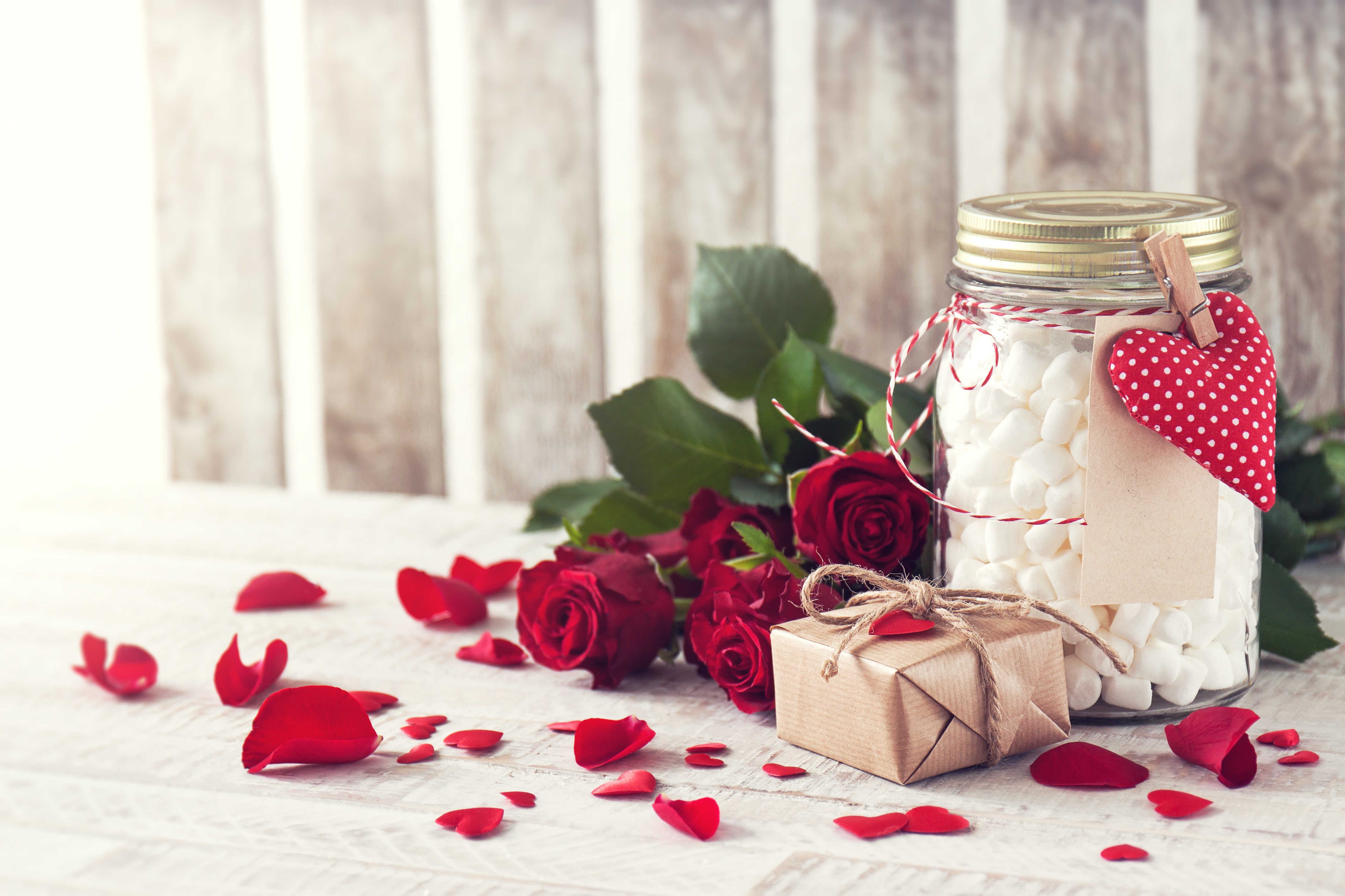 Roses, Jar of Marshmallows, and Gift HD Wallpaper