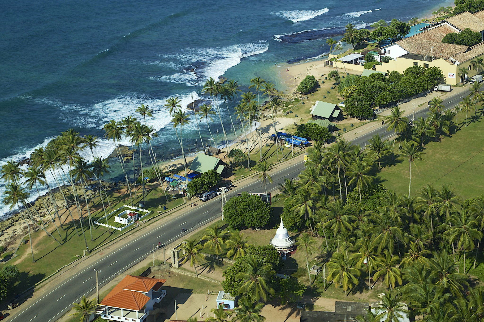 Aerial view of Koggala coast with road and palm trees, Sri Lanka HD Wallpaper