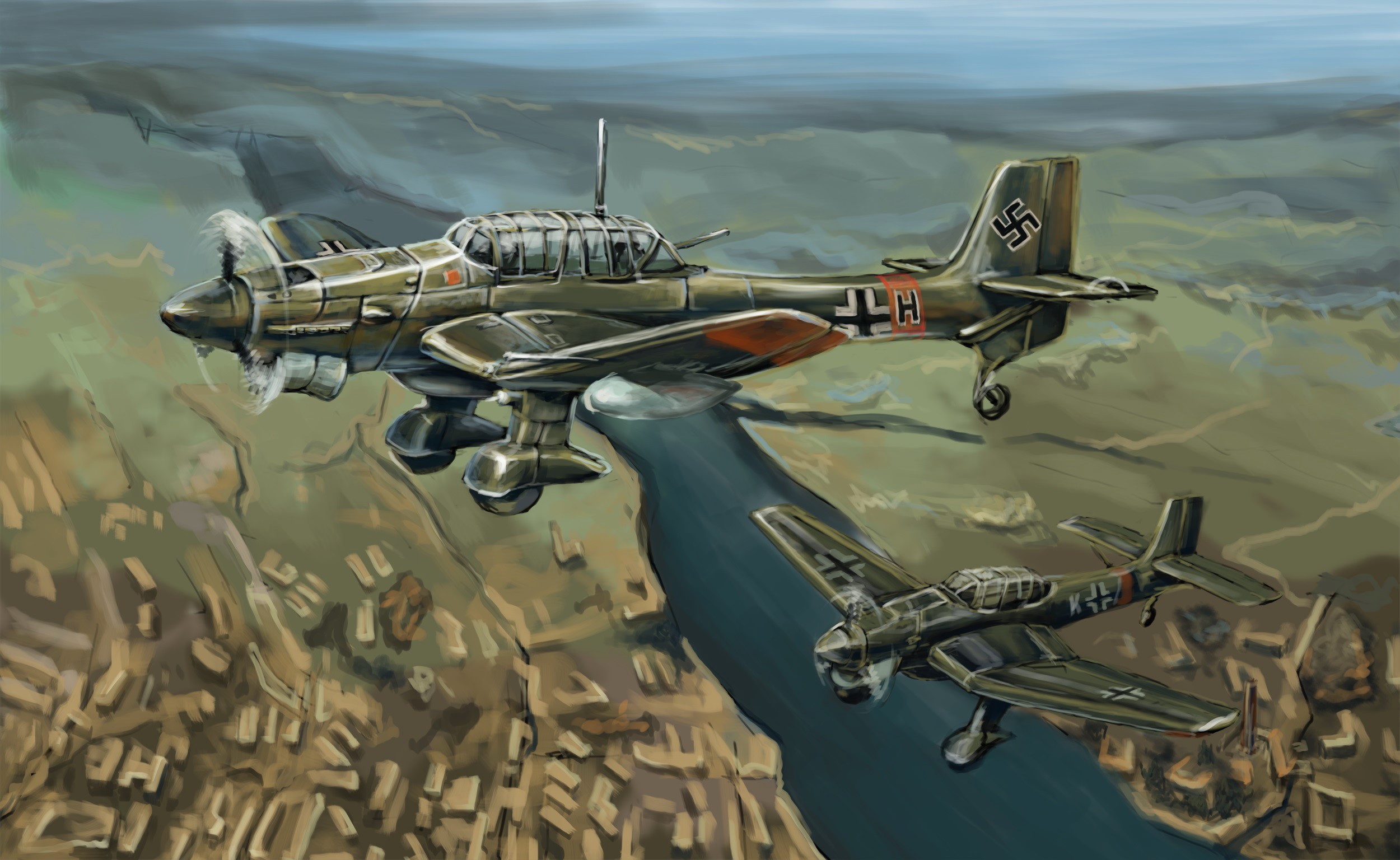 Two Junkers Ju.87 Stuka airplanes flying over a city HD Wallpaper